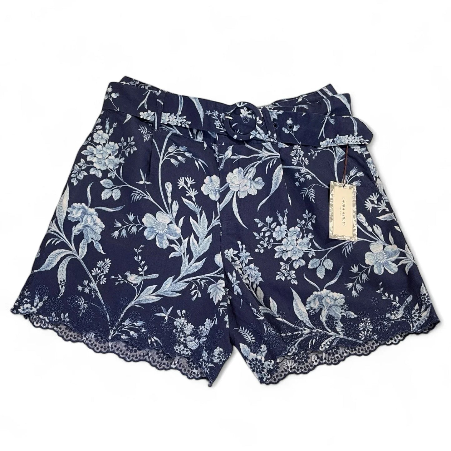 Laura Ashley Women’s High-Waist Linen Shorts – Blue/White Floral - Trendiez U ♥