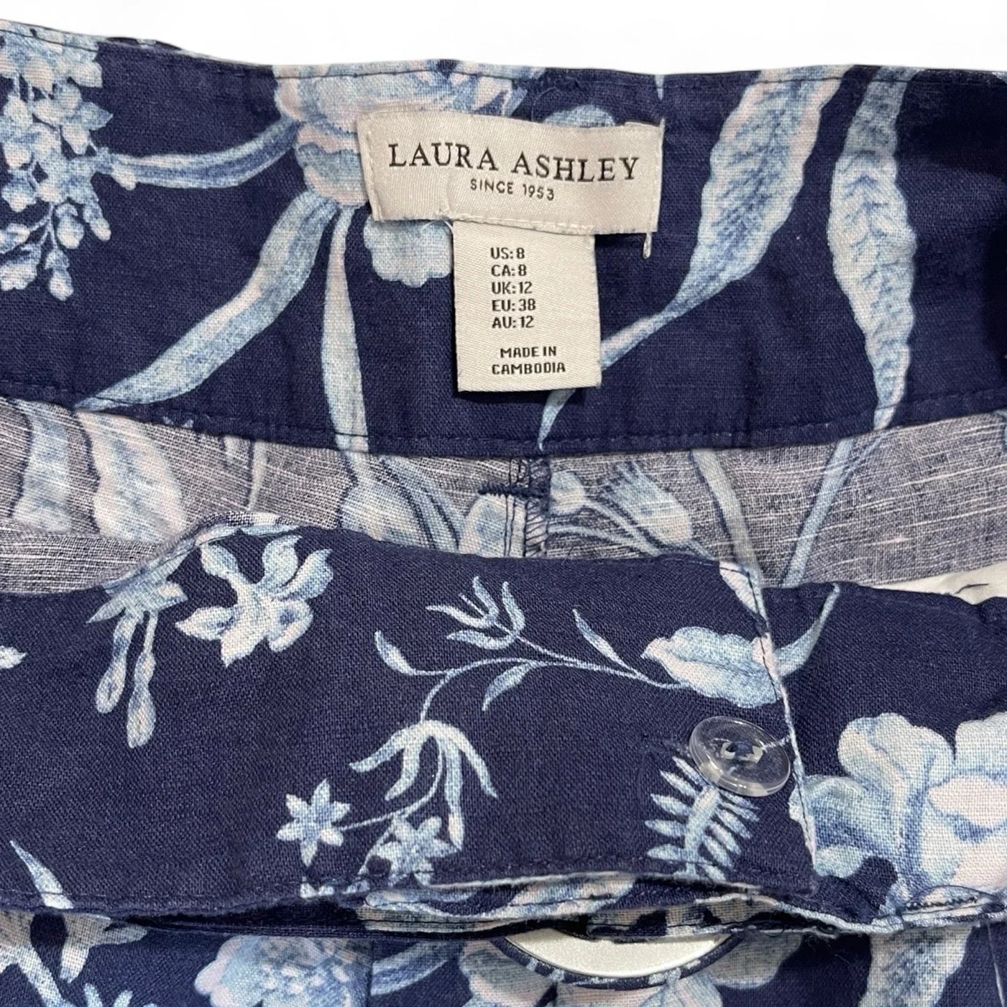 Laura Ashley Women’s High-Waist Linen Shorts – Blue/White Floral - Trendiez U ♥