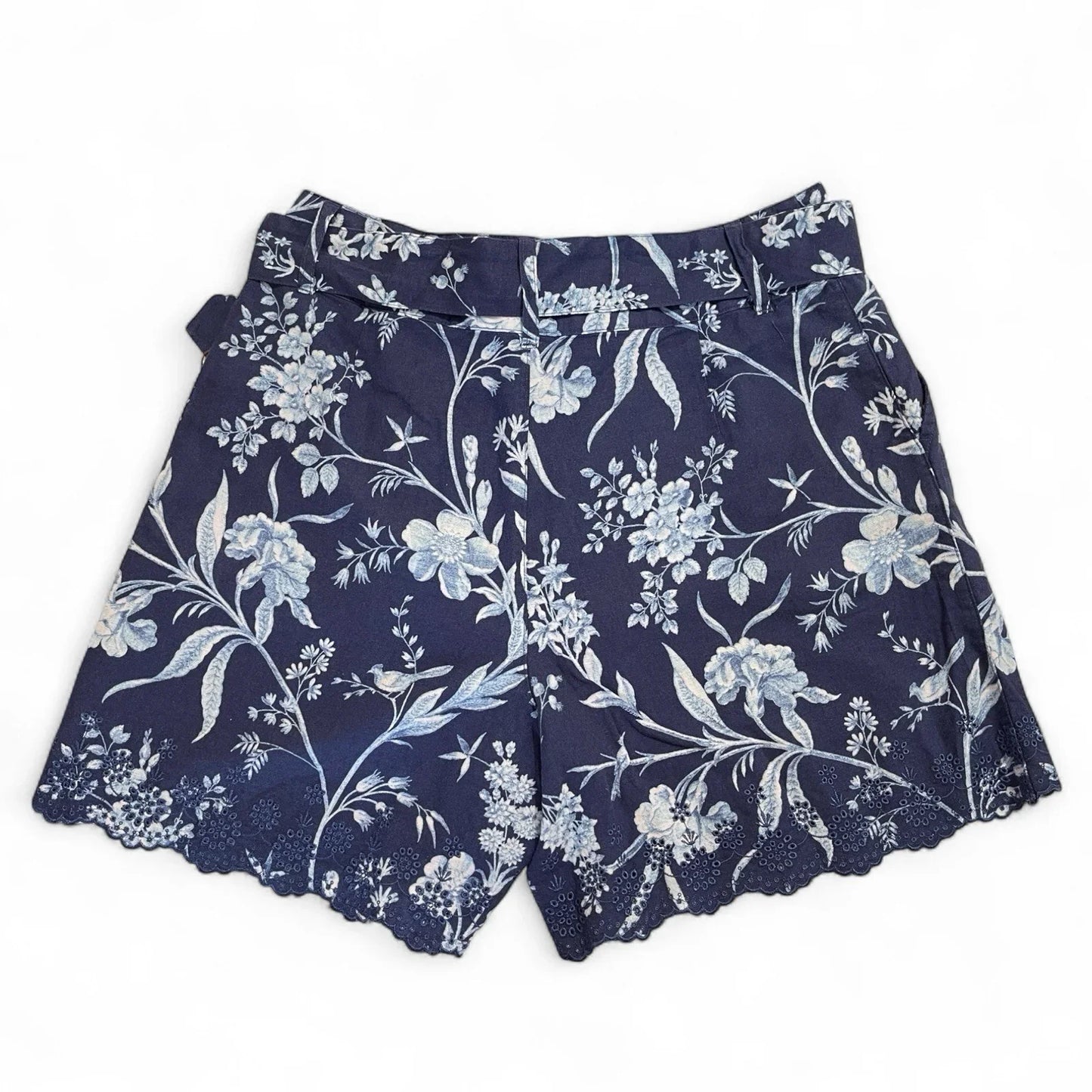 Laura Ashley Women’s High-Waist Linen Shorts – Blue/White Floral - Trendiez U ♥