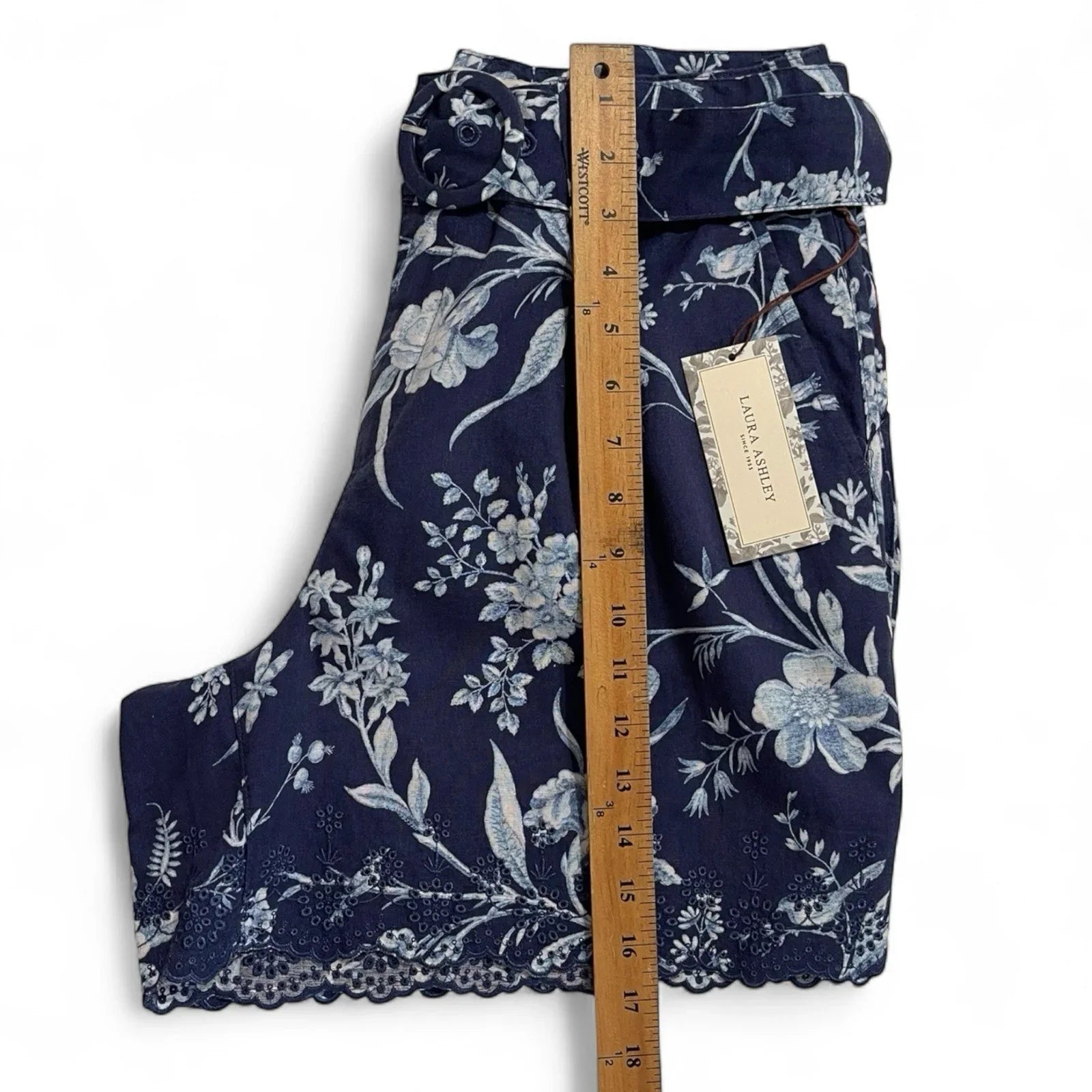 Laura Ashley Women’s High-Waist Linen Shorts – Blue/White Floral - Trendiez U ♥