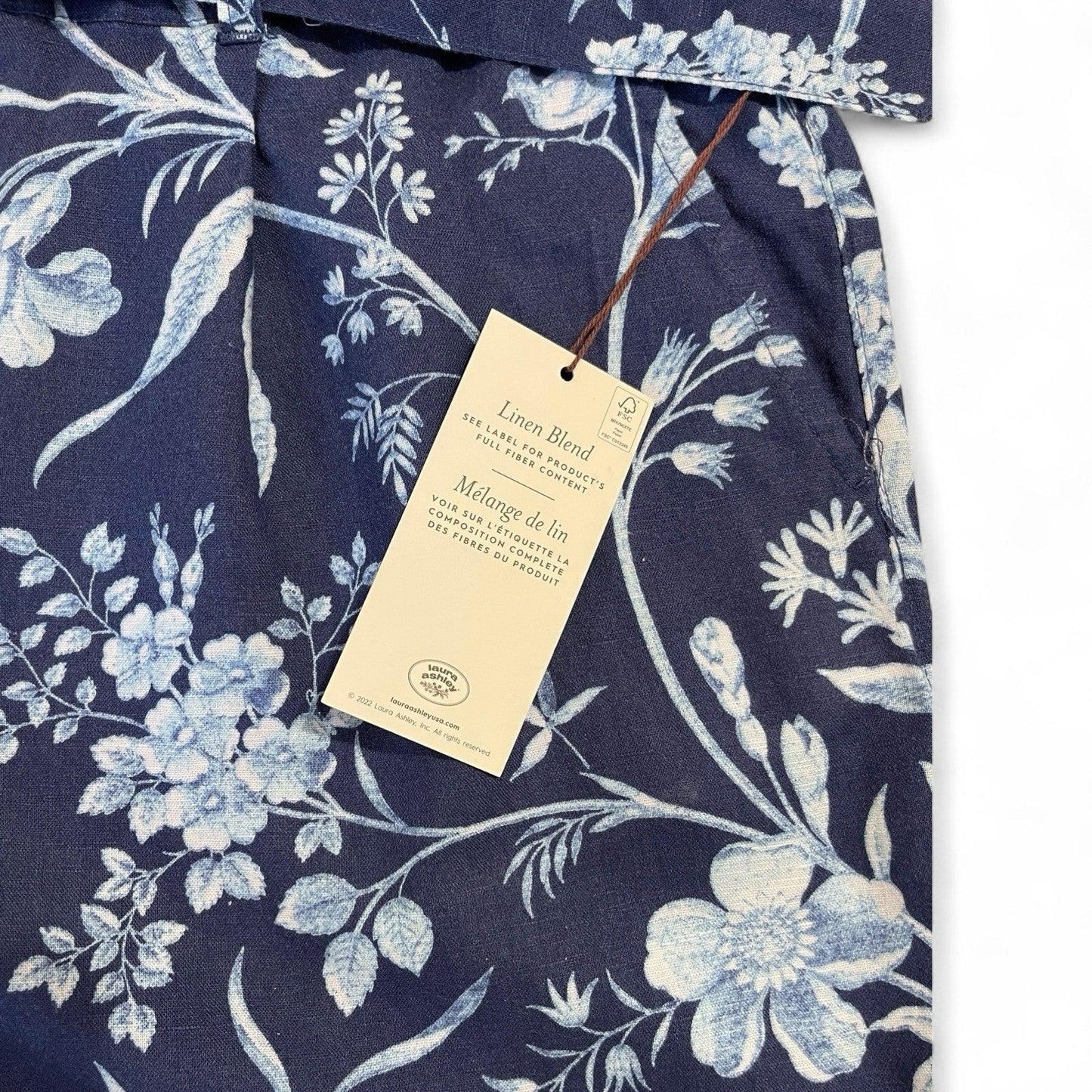 Laura Ashley Women’s High-Waist Linen Shorts – Blue/White Floral - Trendiez U ♥