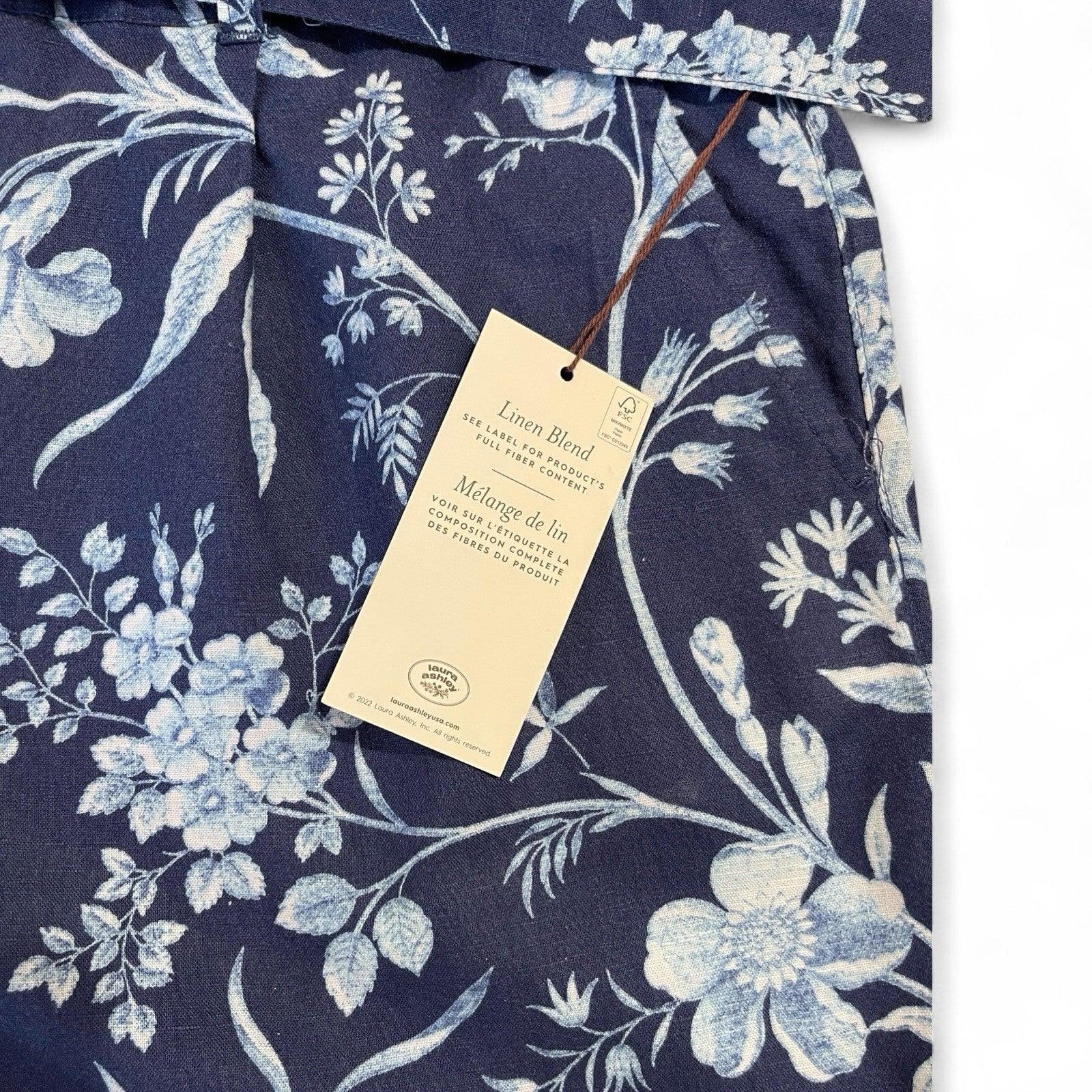 Laura Ashley Women’s High-Waist Linen Shorts – Blue/White Floral - Trendiez U ♥