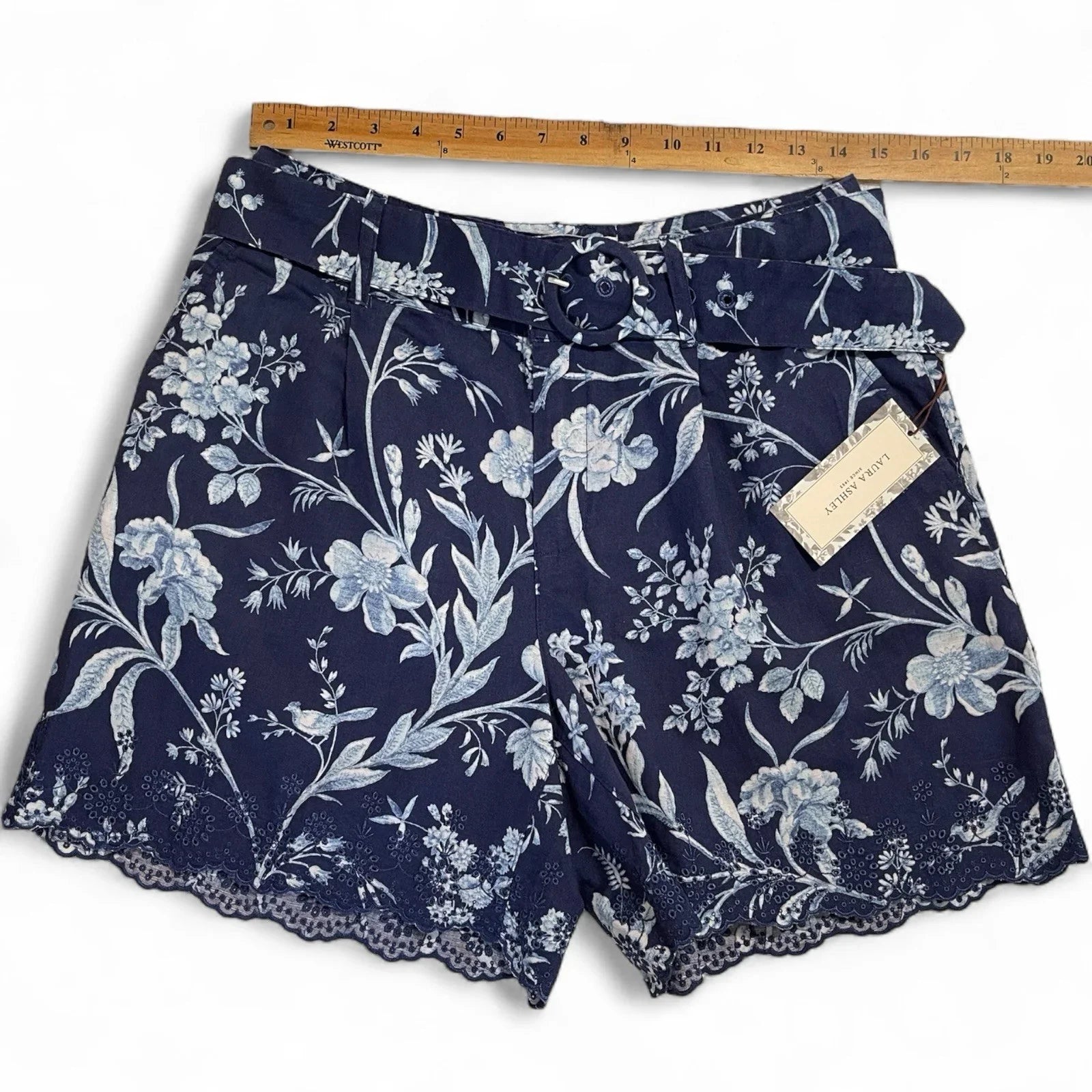 Laura Ashley Women’s High-Waist Linen Shorts – Blue/White Floral - Trendiez U ♥
