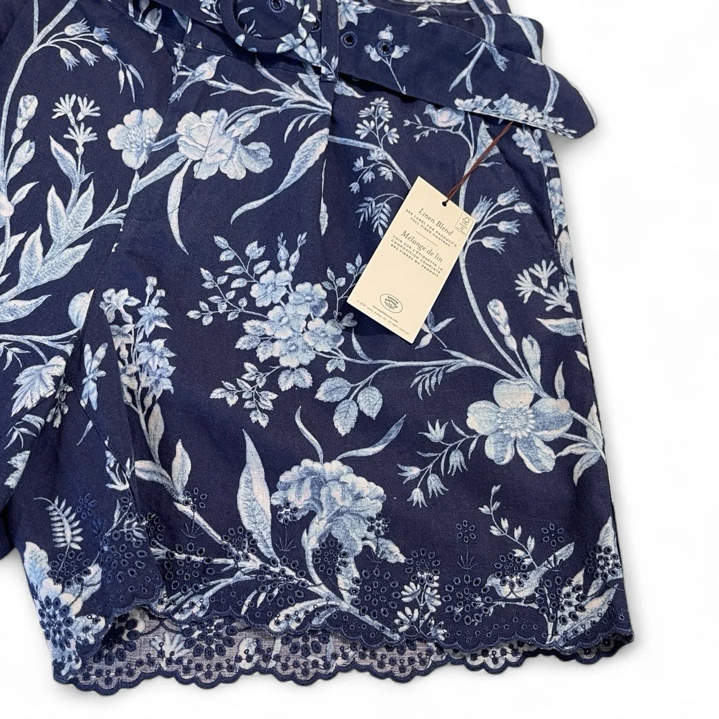 Laura Ashley Women’s High-Waist Linen Shorts – Blue/White Floral - Trendiez U ♥