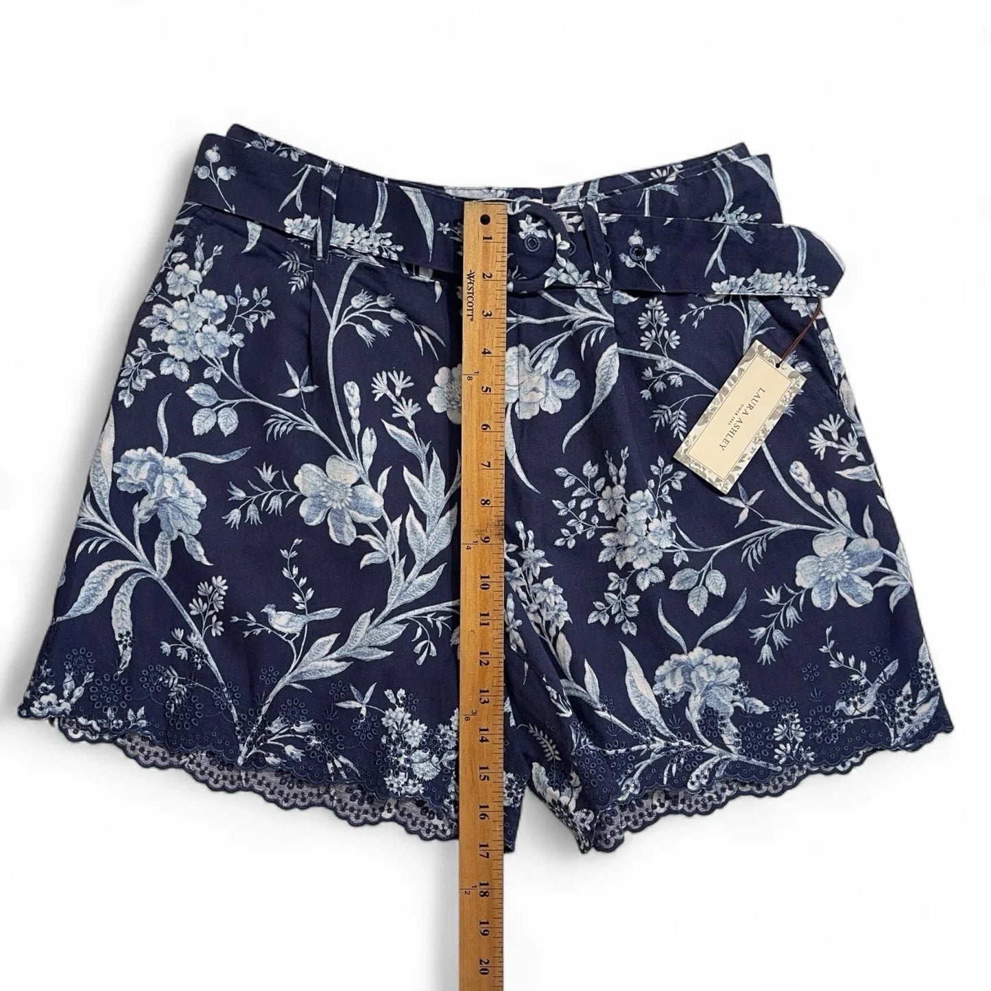 Laura Ashley Women’s High-Waist Linen Shorts – Blue/White Floral - Trendiez U ♥