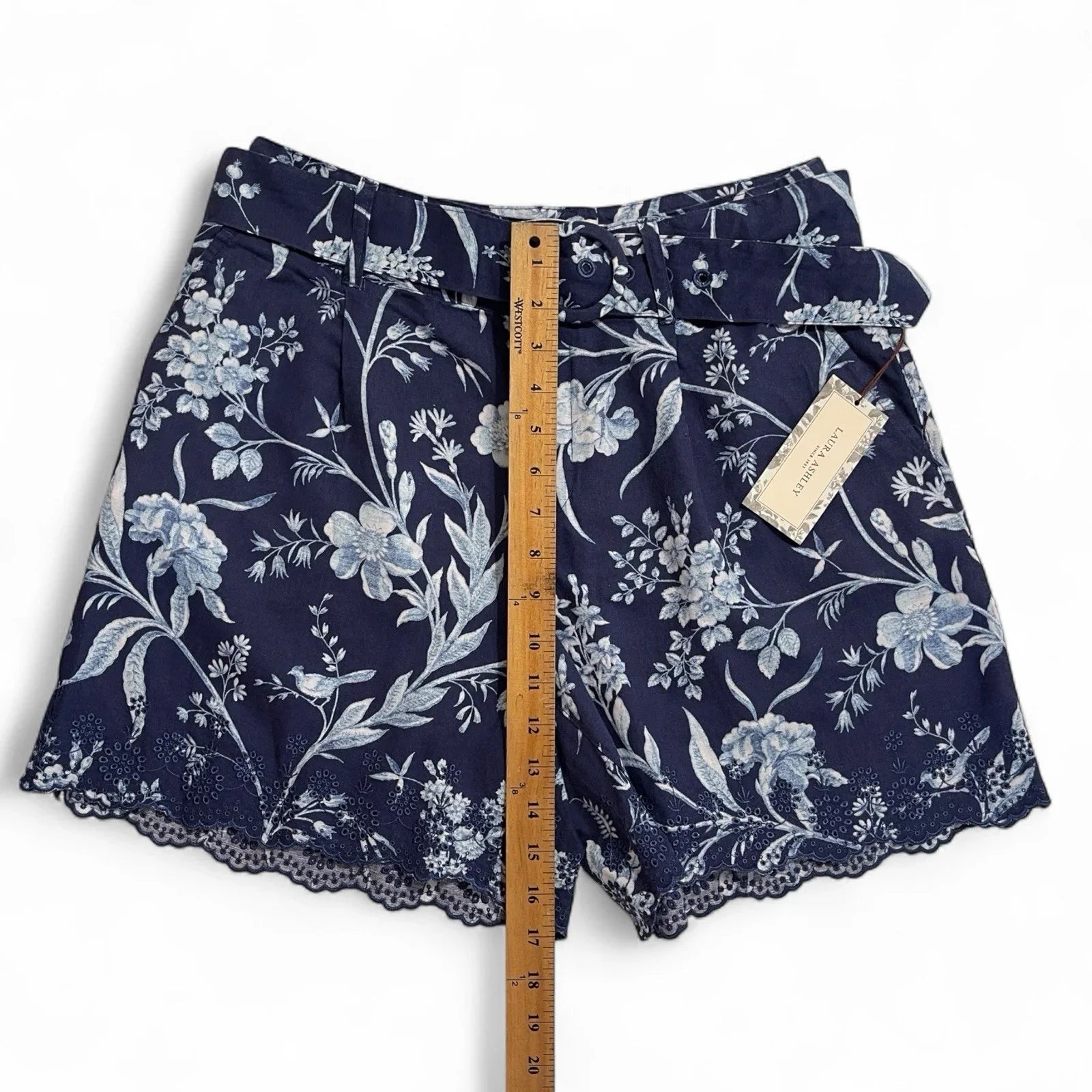 Laura Ashley Women’s High-Waist Linen Shorts – Blue/White Floral - Trendiez U ♥