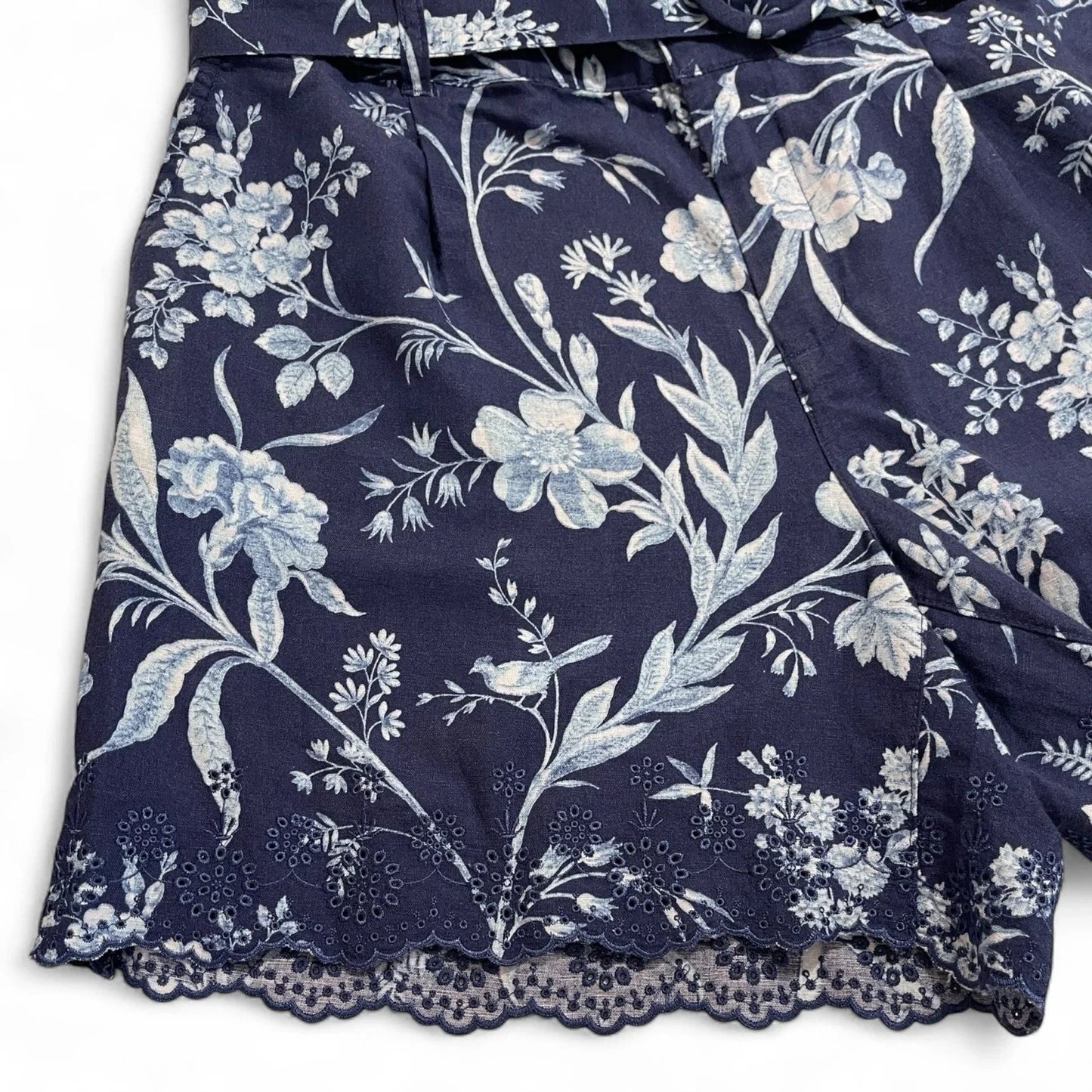 Laura Ashley Women’s High-Waist Linen Shorts – Blue/White Floral - Trendiez U ♥