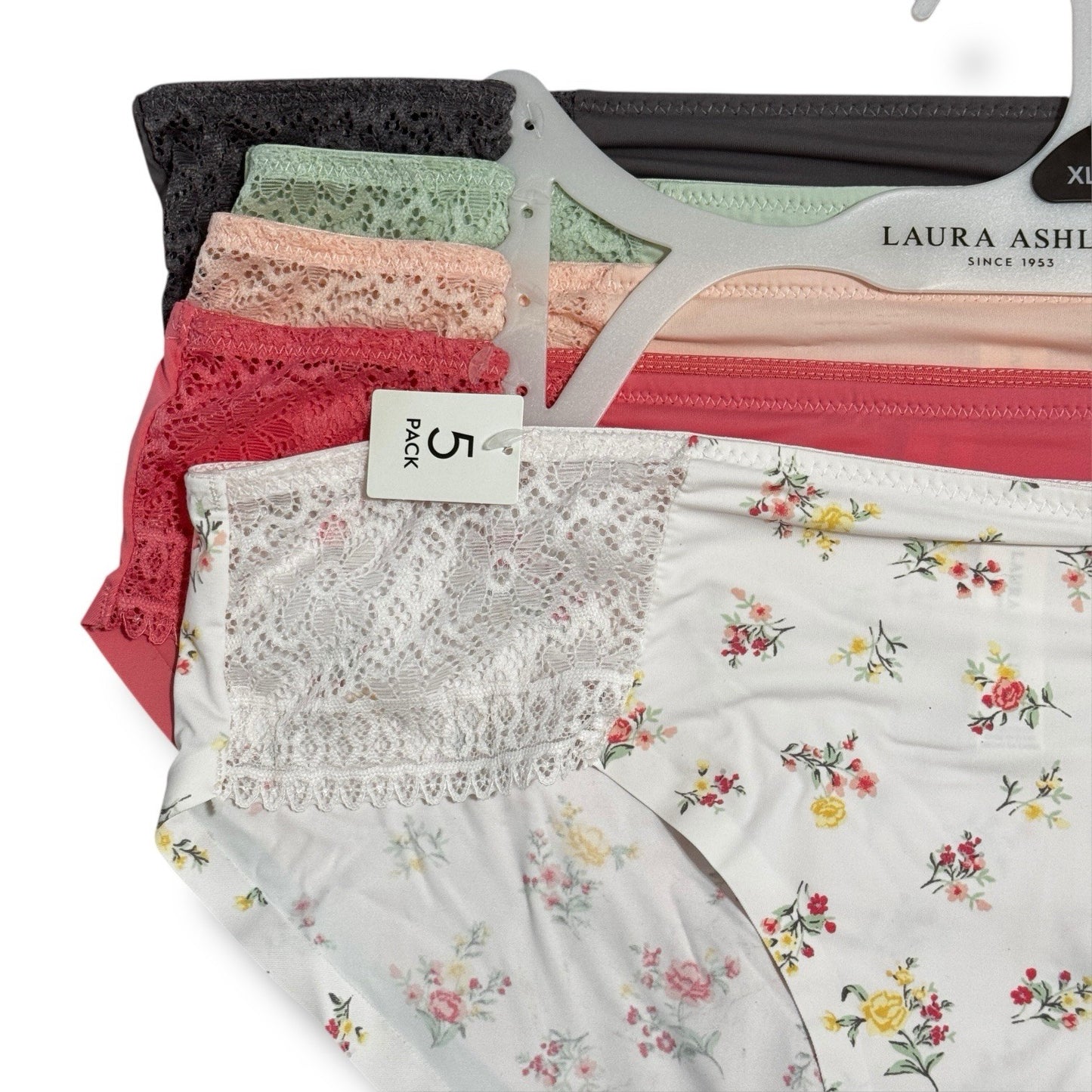 Laura Ashley Women’s Lace Panties – 5-Pair Floral Nylon Blend, Size Large - Trendiez U ♥