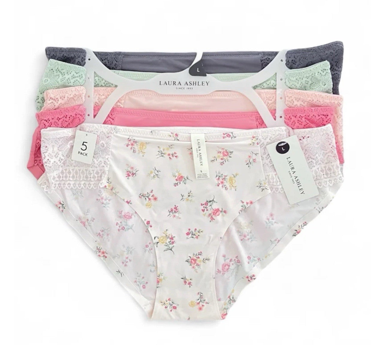 Laura Ashley Women’s Lace Panties – 5-Pair Floral Nylon Blend, Size Large - Trendiez U ♥