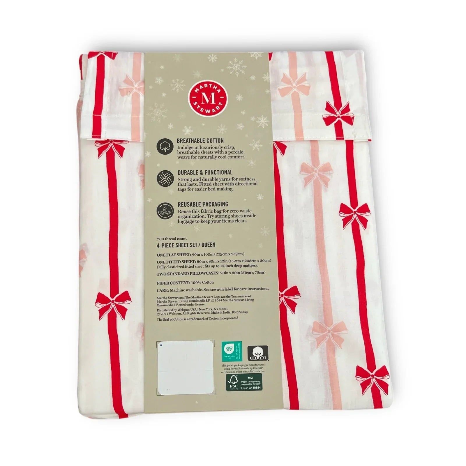 Martha Stewart 4pc Bows and Ribbons Christmas Queen Sheet Set 100% Cotton NWT - Trendiez U ♥