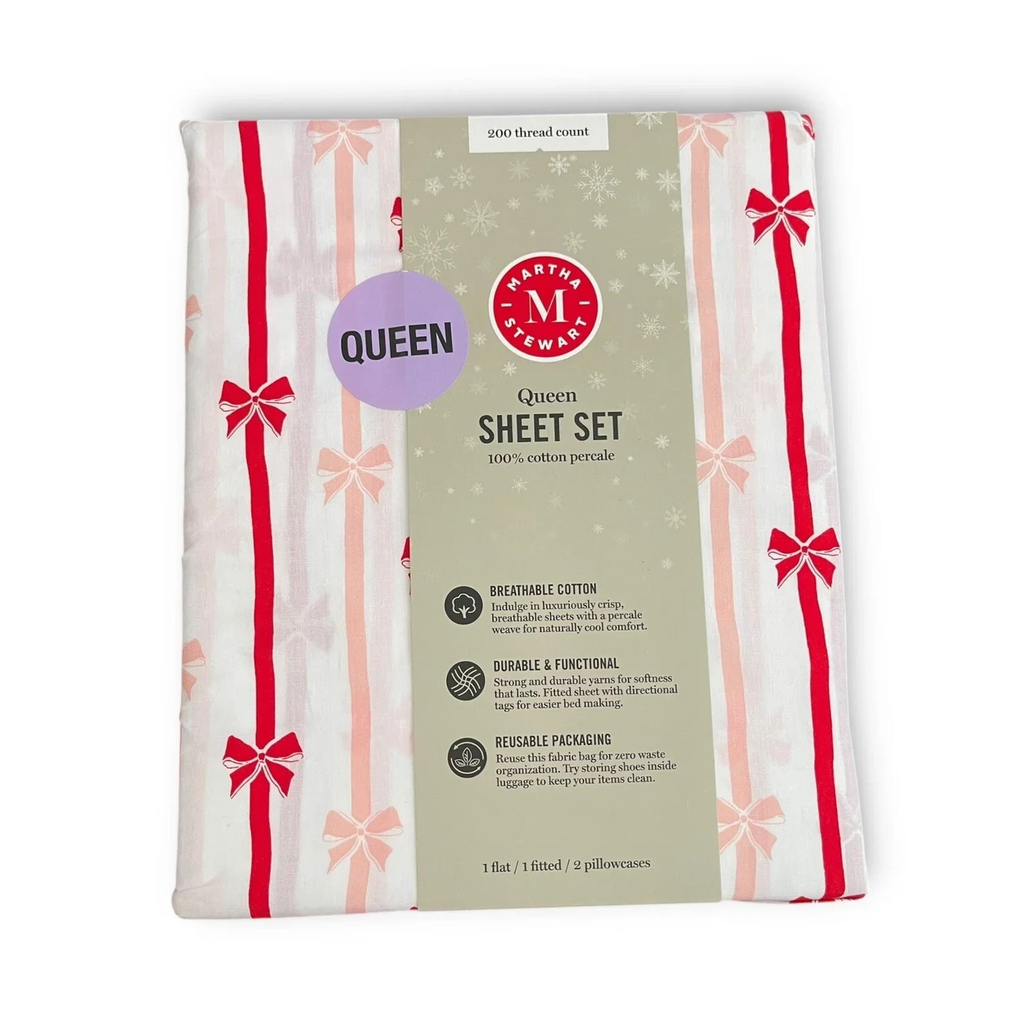 Martha Stewart 4pc Bows and Ribbons Christmas Queen Sheet Set 100% Cotton NWT - Trendiez U ♥