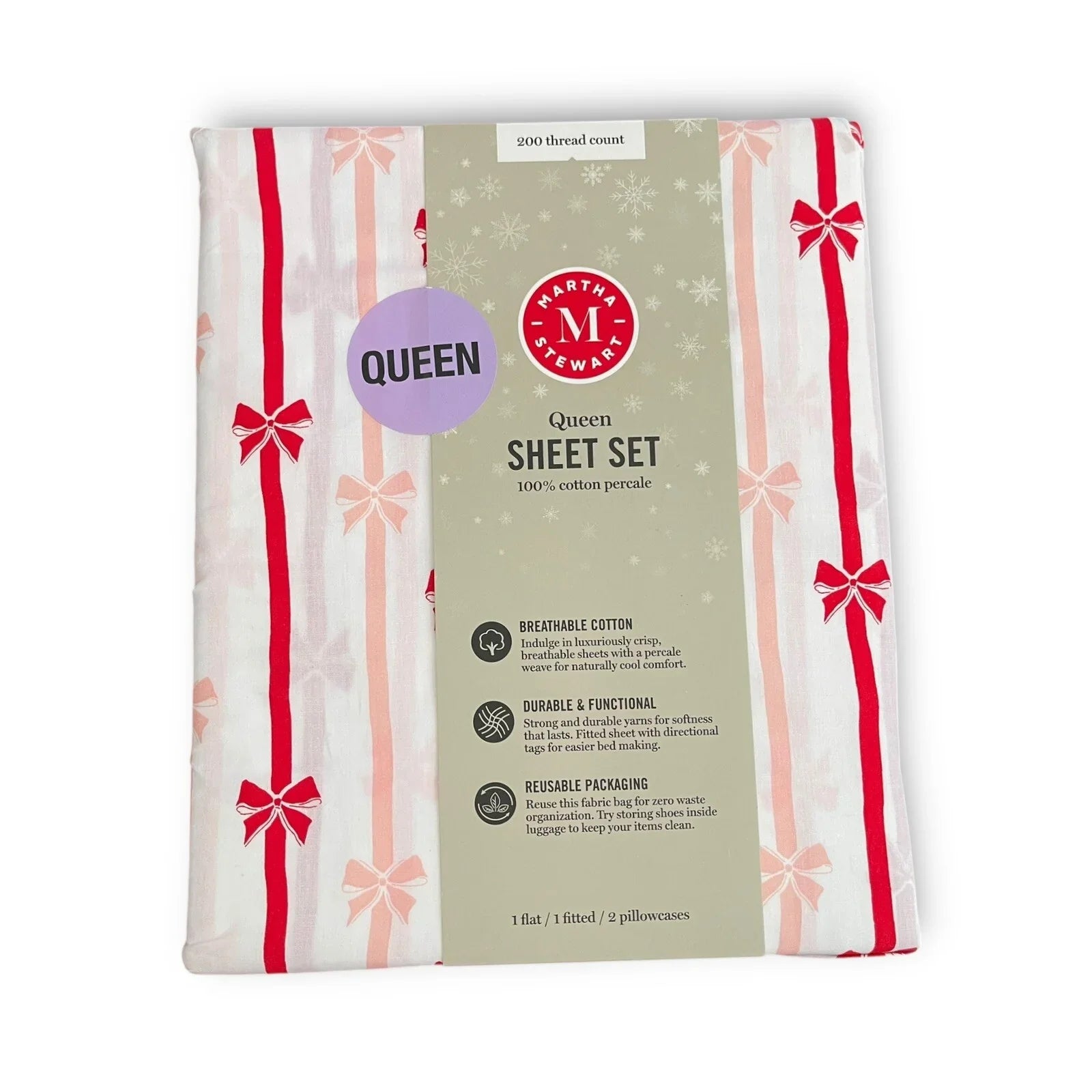 Martha Stewart 4pc Bows and Ribbons Christmas Queen Sheet Set 100% Cotton NWT - Trendiez U ♥