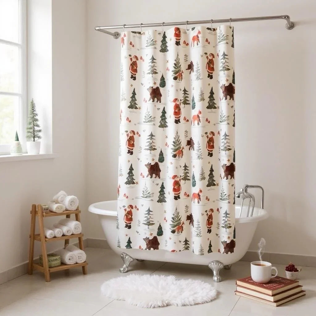 Martha Stewart Embroidered Holiday Bear Santa Heavy Fabric Shower Curtain 72x72 - Trendiez U ♥
