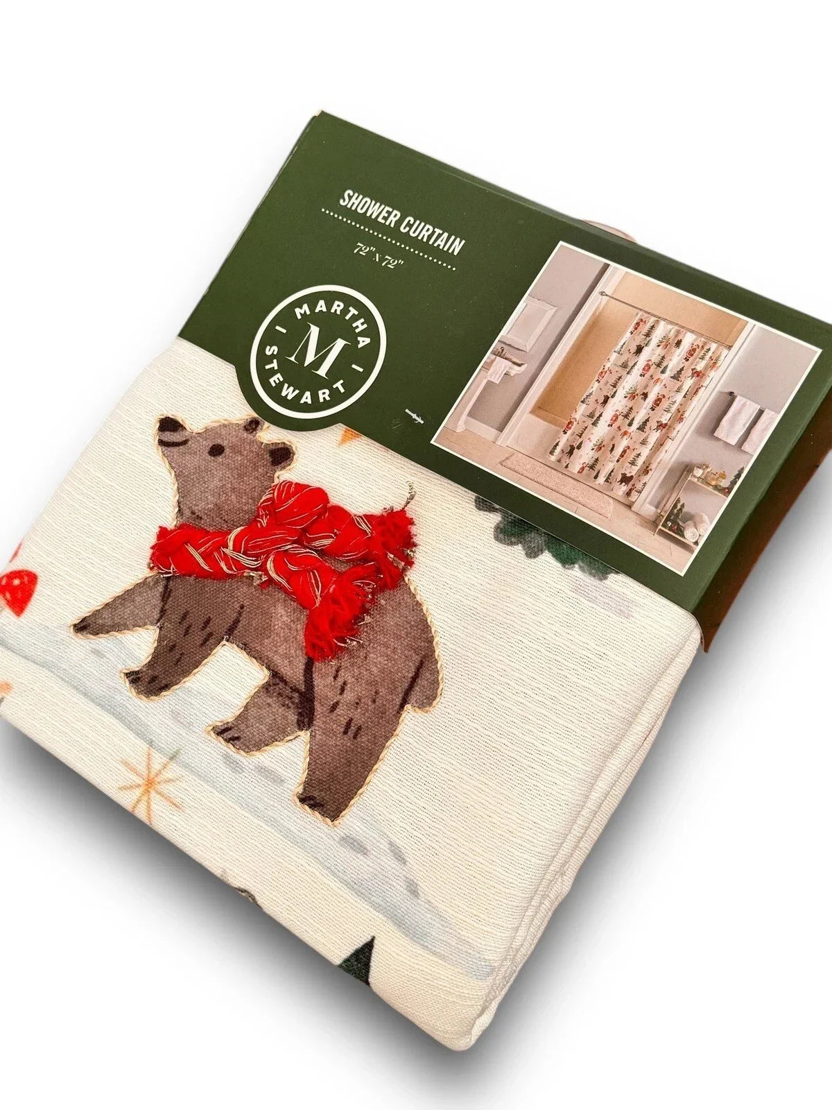 Martha Stewart Embroidered Holiday Bear Santa Heavy Fabric Shower Curtain 72x72 - Trendiez U ♥