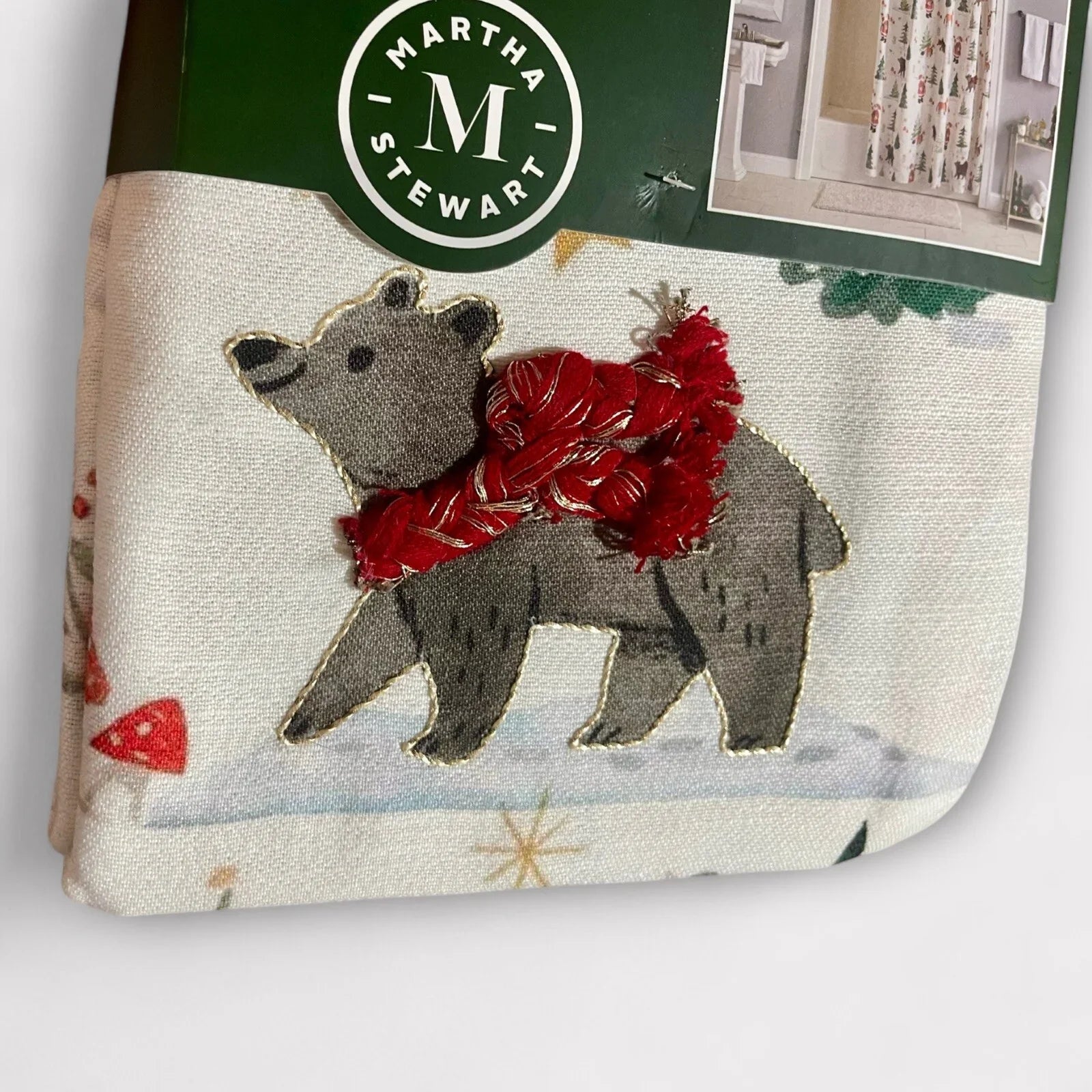 Martha Stewart Embroidered Holiday Bear Santa Heavy Fabric Shower Curtain 72x72 - Trendiez U ♥