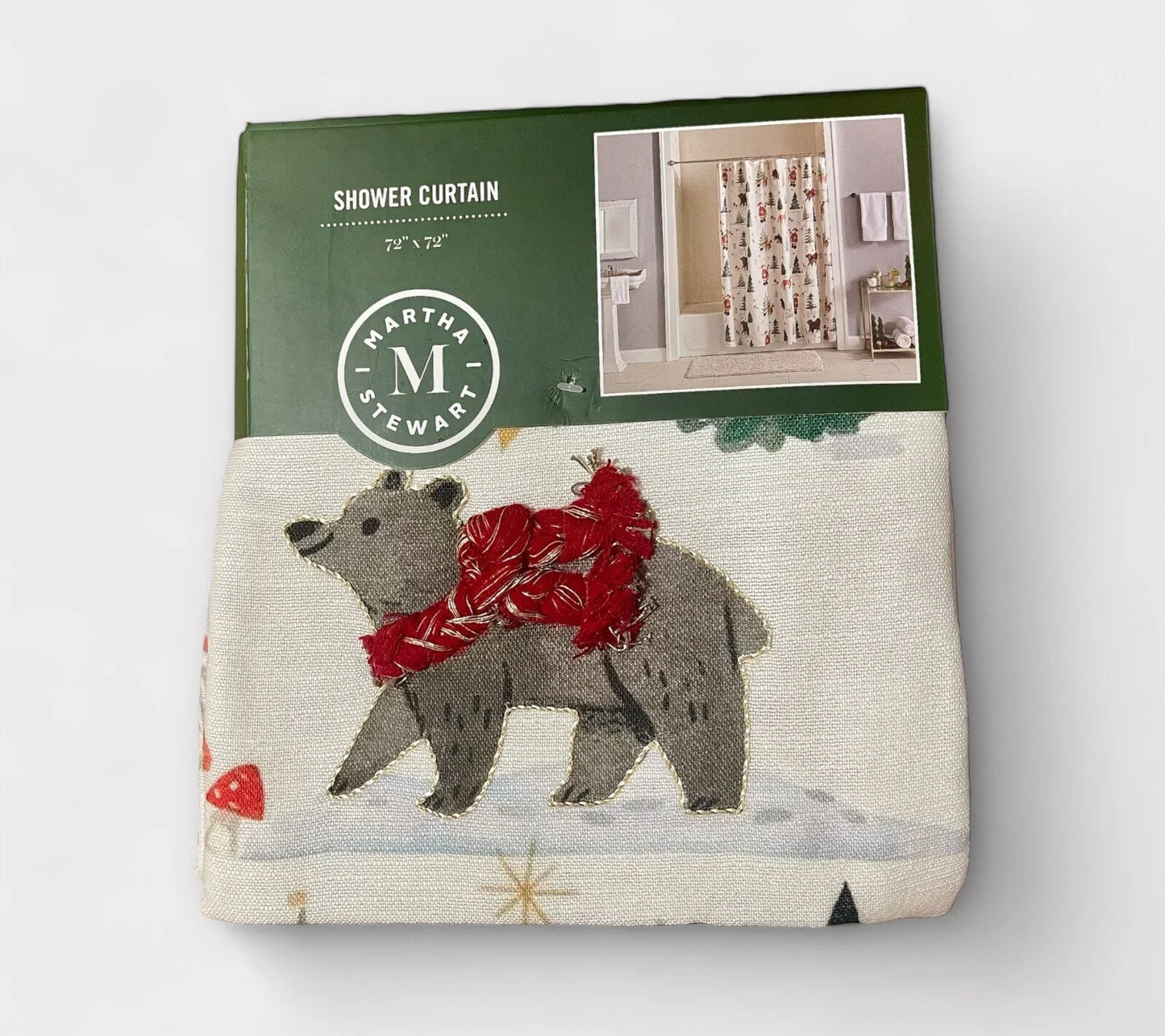 Martha Stewart Embroidered Holiday Bear Santa Heavy Fabric Shower Curtain 72x72 - Trendiez U ♥