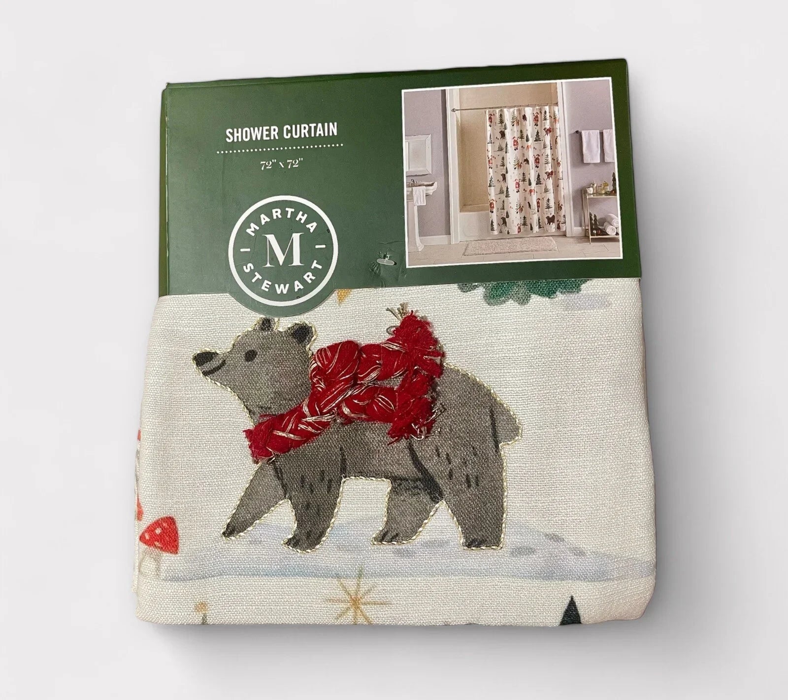 Martha Stewart Embroidered Holiday Bear Santa Heavy Fabric Shower Curtain 72x72 - Trendiez U ♥