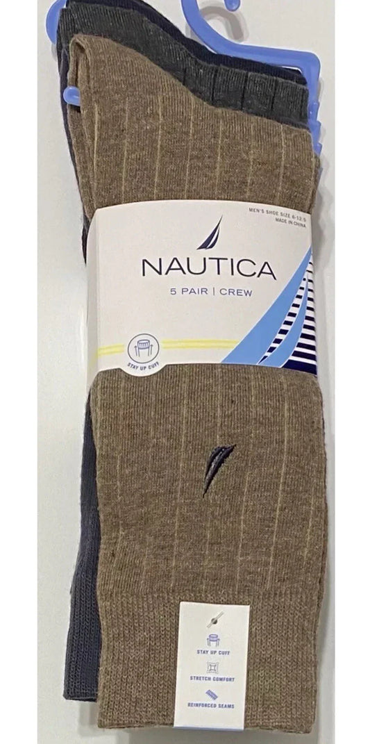 Nautica Men’s Crew Socks – 5-Pair Pack, Ribbed Casual/Dress, Brown/Gray/Blue/Black - Trendiez U ♥