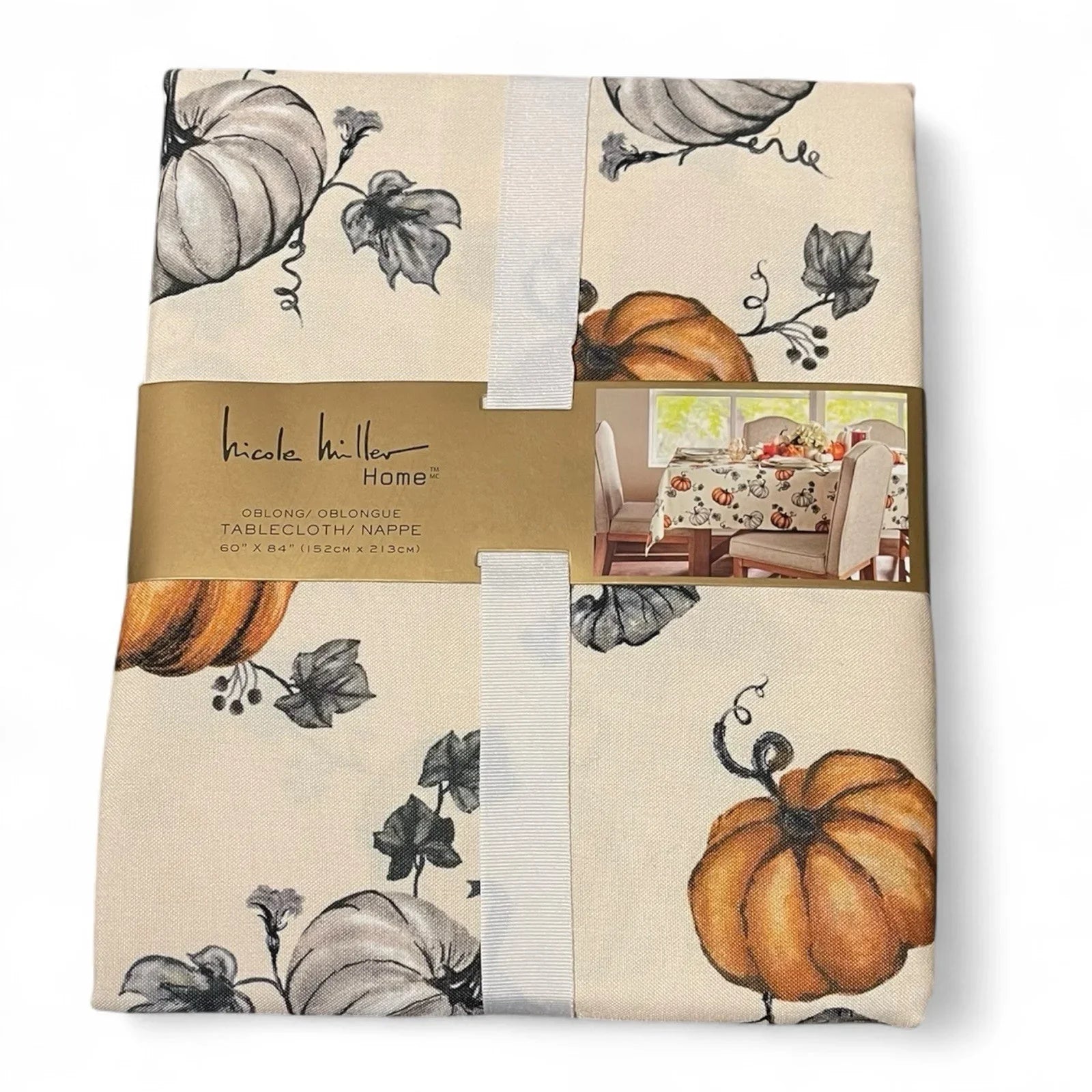 Nicole Miller Fall Tablecloth – Farmhouse Thanksgiving Pumpkin Design, 60x84” Oblong - Trendiez U ♥
