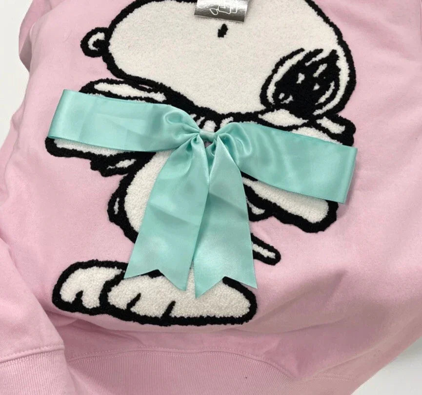 Peanuts Snoopy Pink Oversized Sweatshirt Green Satin Bow Sz M NWT Valentines - Trendiez U ♥