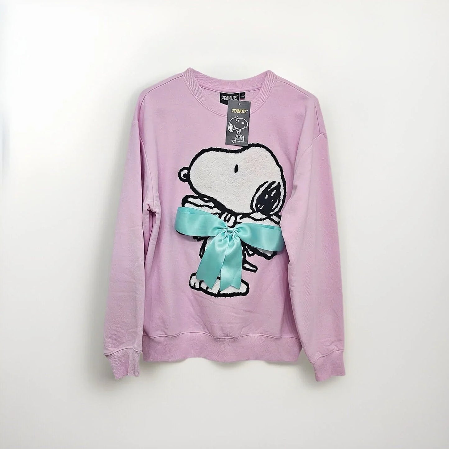 Peanuts Snoopy Pink Oversized Sweatshirt Green Satin Bow Sz M NWT Valentines - Trendiez U ♥