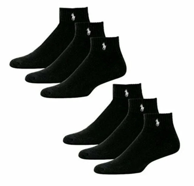 Polo Ralph Lauren 6-Pair Quarter Crew Black Socks Gray Pony Men's Size 10-13 - Trendiez U ♥