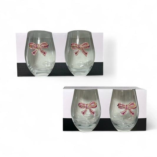 Rachel Zoe 4pc Pink Bow Jeweled Rhinestone 19 Oz Stemless Wine Glass Holiday - Trendiez U ♥