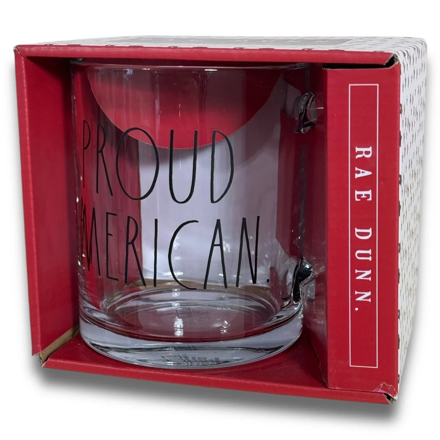 Rae Dunn 18 Oz Clear Coffee Tea Glass Mug Cup Patriotic “Proud American” 🇺🇸 - Trendiez U ♥