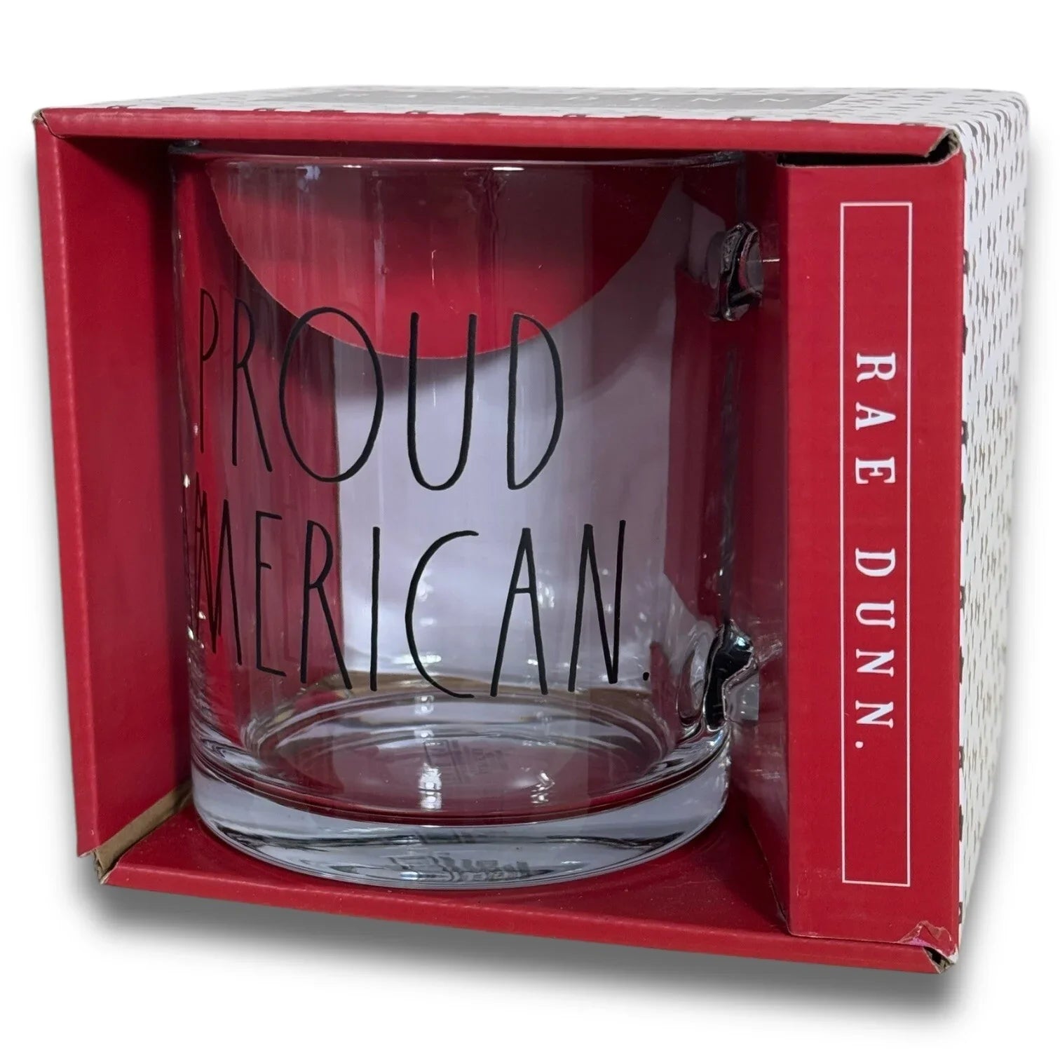 Rae Dunn 18 Oz Clear Coffee Tea Glass Mug Cup Patriotic “Proud American” 🇺🇸 - Trendiez U ♥