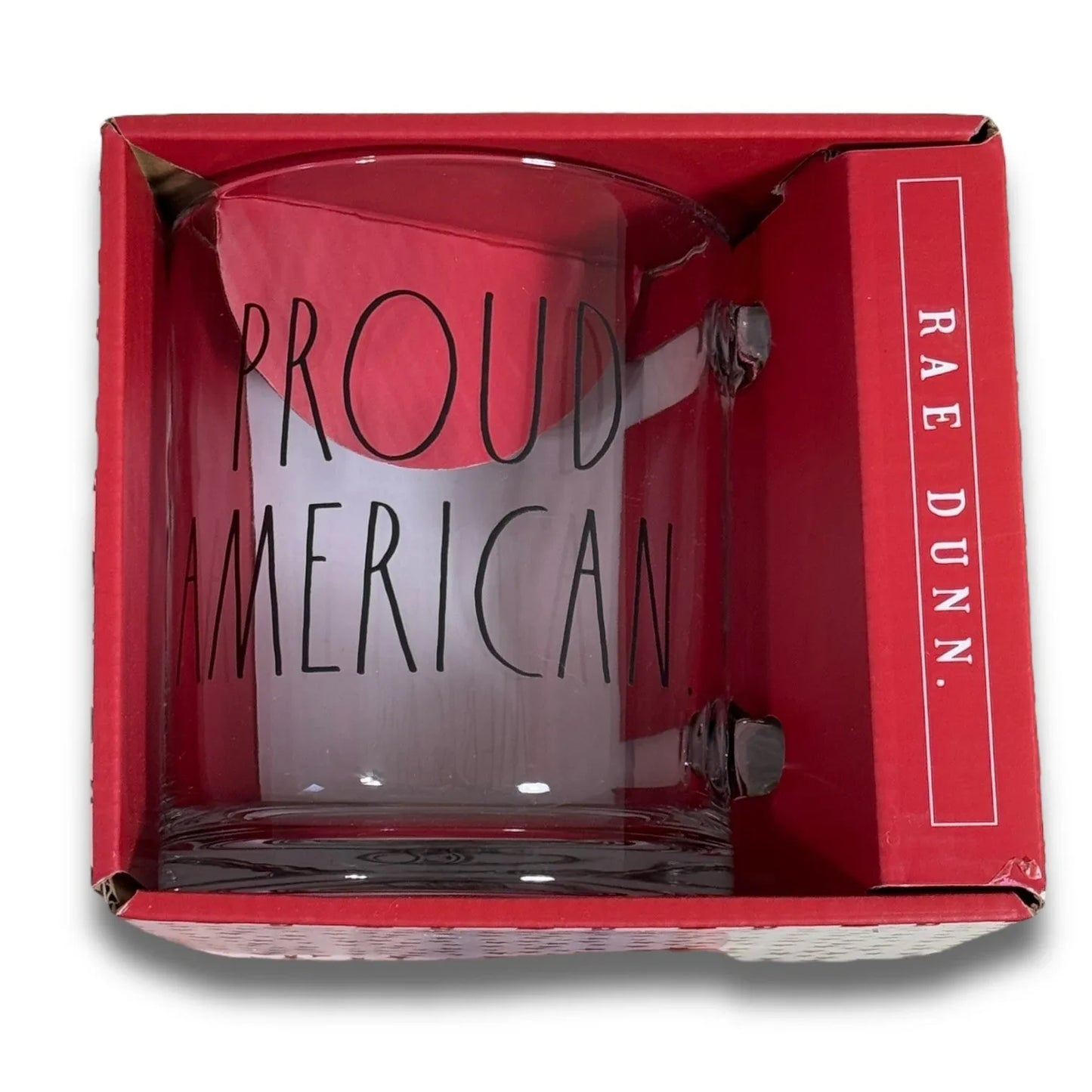 Rae Dunn 18 Oz Clear Coffee Tea Glass Mug Cup Patriotic “Proud American” 🇺🇸 - Trendiez U ♥
