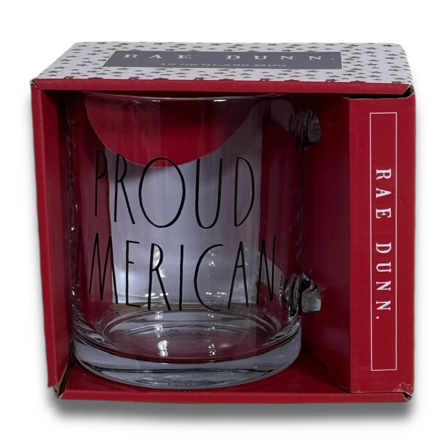 Rae Dunn 18 Oz Clear Coffee Tea Glass Mug Cup Patriotic “Proud American” 🇺🇸 - Trendiez U ♥