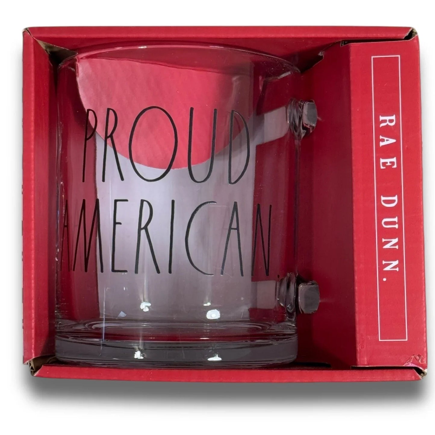 Rae Dunn 18 Oz Clear Coffee Tea Glass Mug Cup Patriotic “Proud American” 🇺🇸 - Trendiez U ♥
