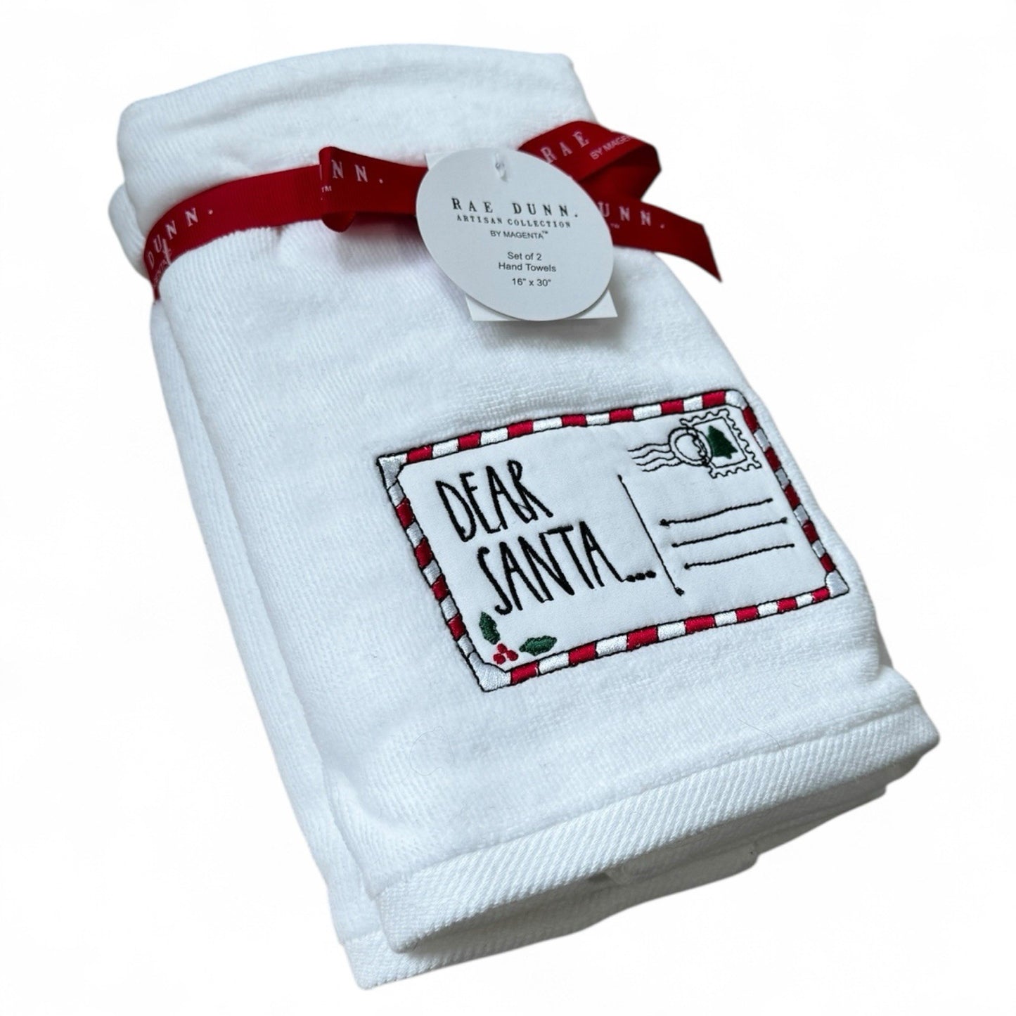 Rae Dunn "DEAR SANTA" Bathroom Hand Towels Christmas Holiday White Red Gift - Trendiez U ♥