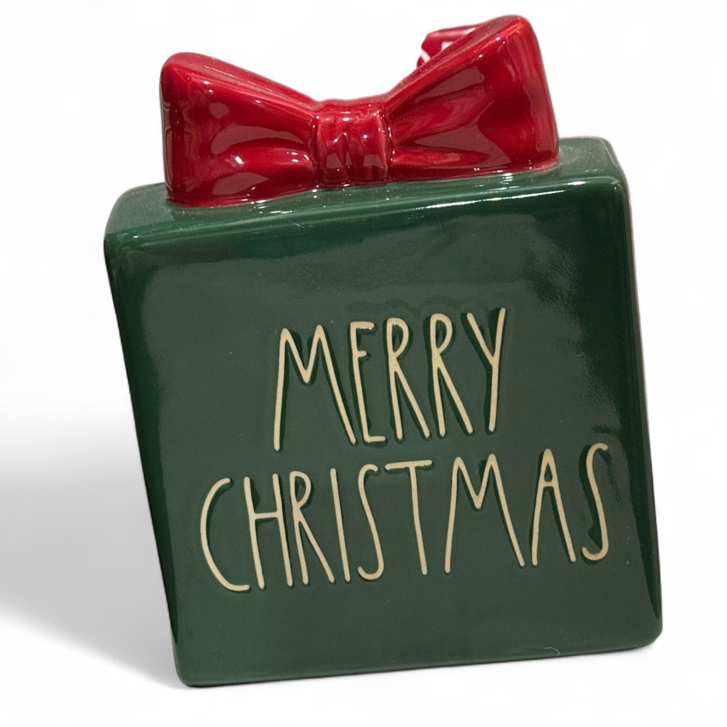 Rae Dunn Merry Christmas Ceramic Block – Holiday Green Gift Box, 4" Decor - Trendiez U ♥