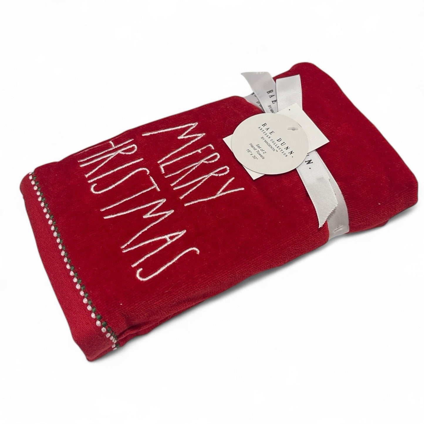 Rae Dunn Merry Christmas Hand Towel Set 2pc Red Embroidered Cotton Velour NEW - Trendiez U ♥