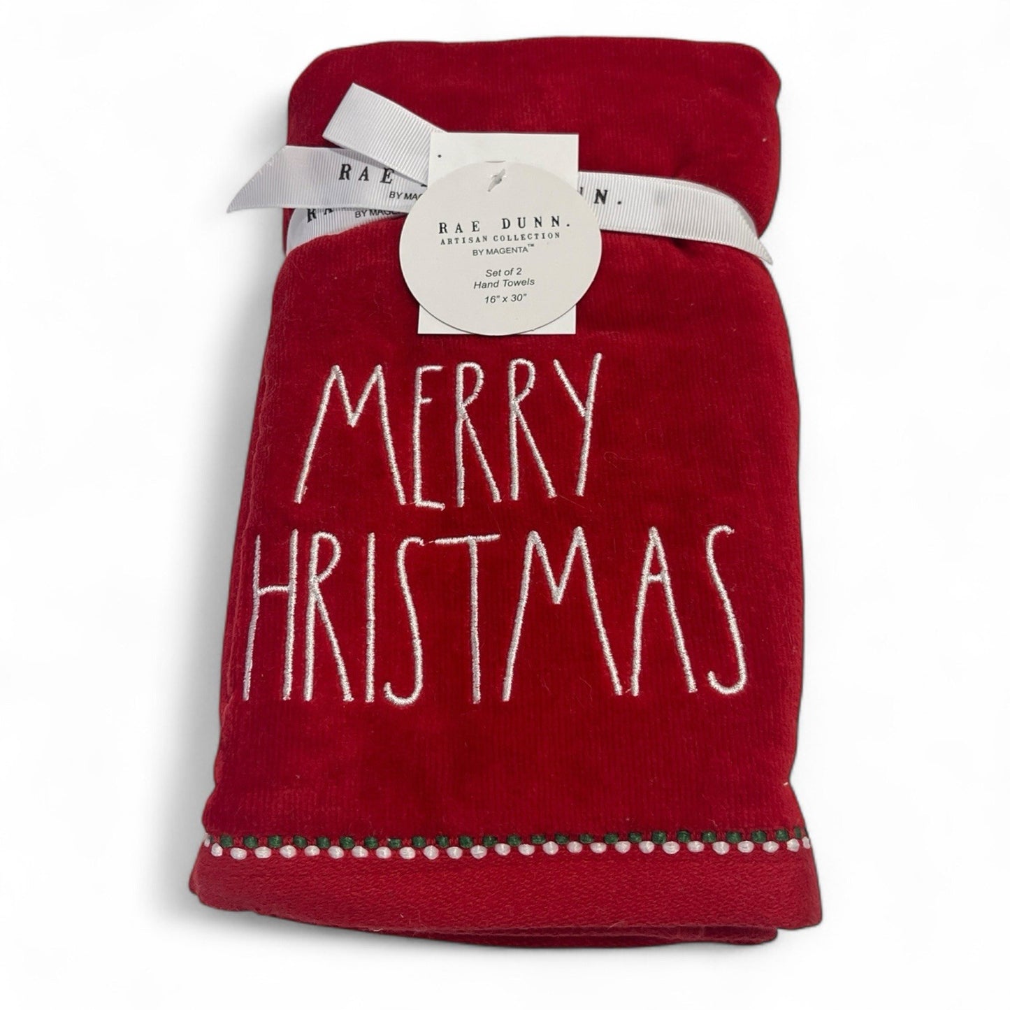 Rae Dunn Merry Christmas Hand Towel Set 2pc Red Embroidered Cotton Velour NEW - Trendiez U ♥