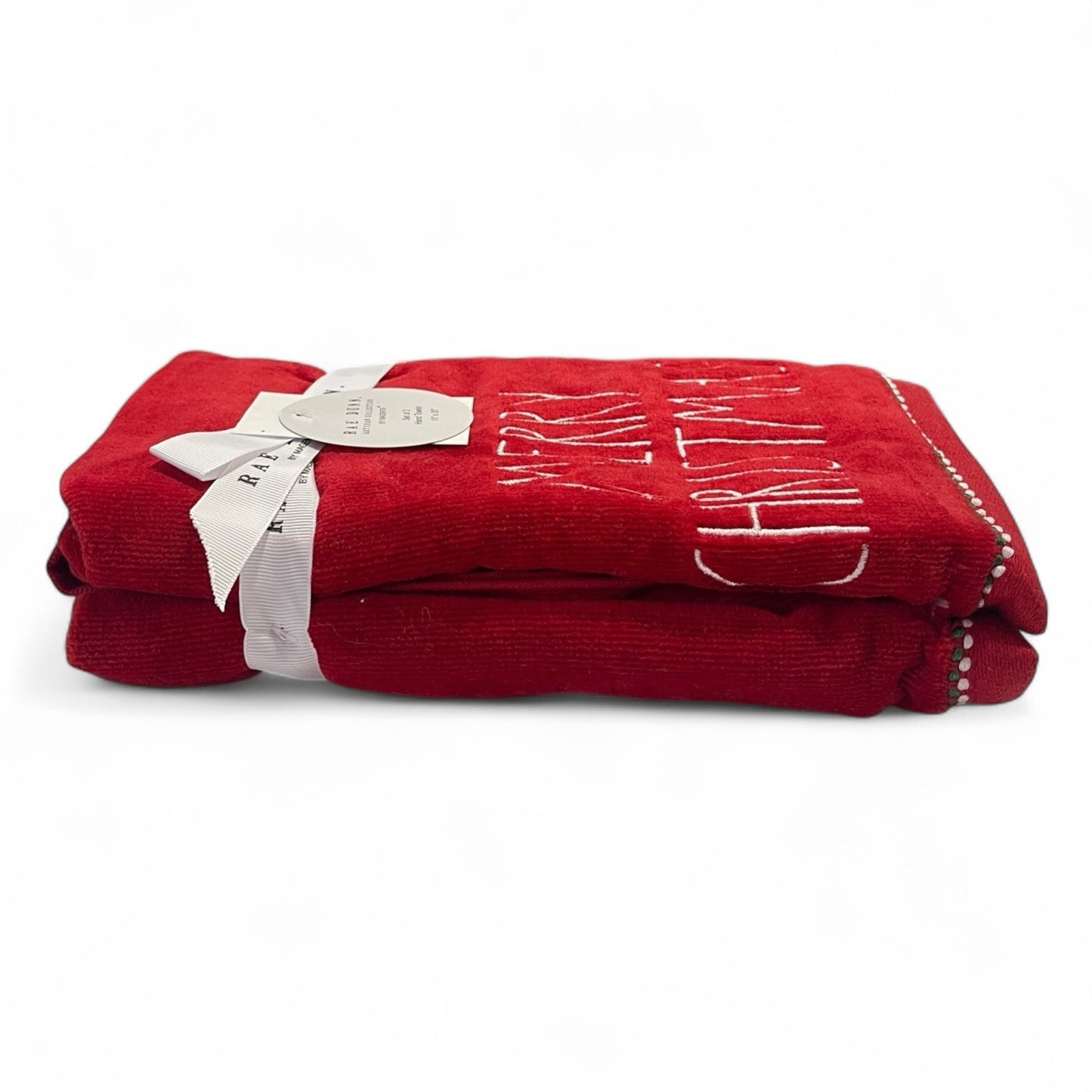 Rae Dunn Merry Christmas Hand Towel Set 2pc Red Embroidered Cotton Velour NEW - Trendiez U ♥
