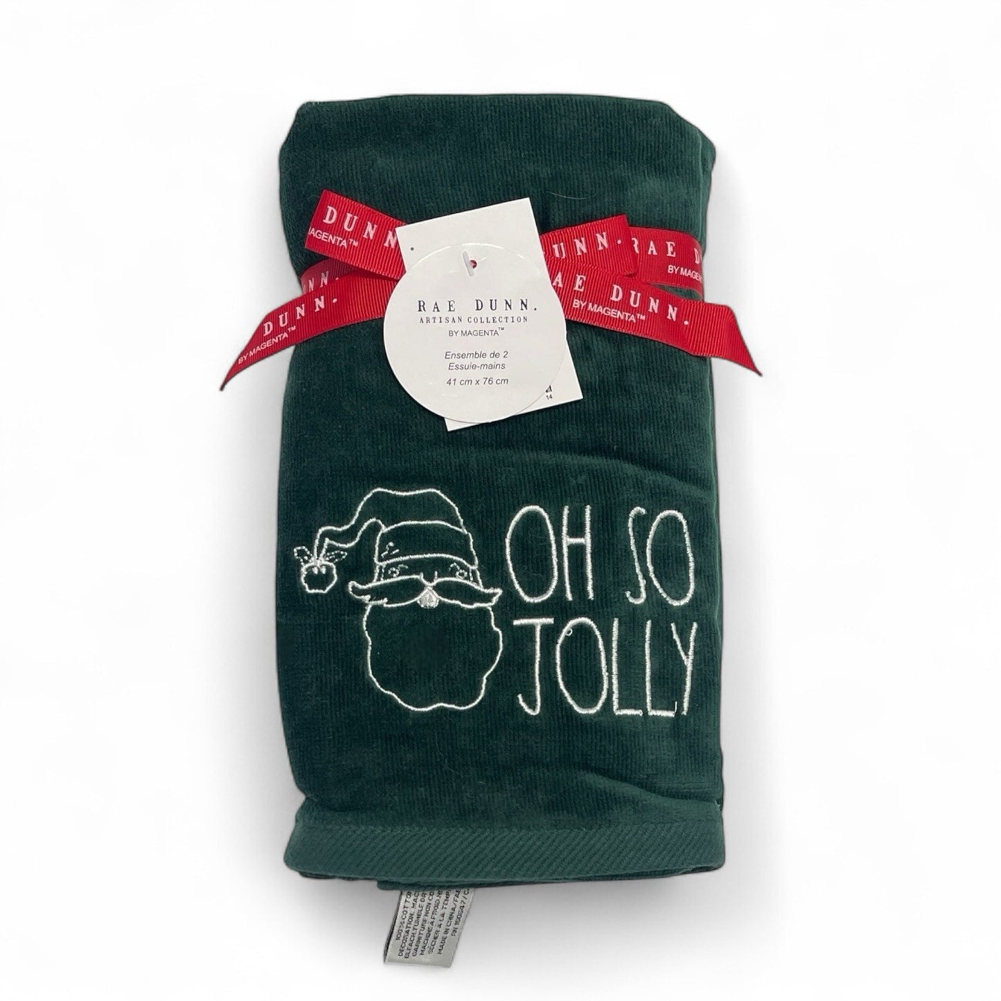 Rae Dunn “Oh So Jolly” Hand Towel Set 2pc Green Embroidered Cotton Velour NEW - Trendiez U ♥