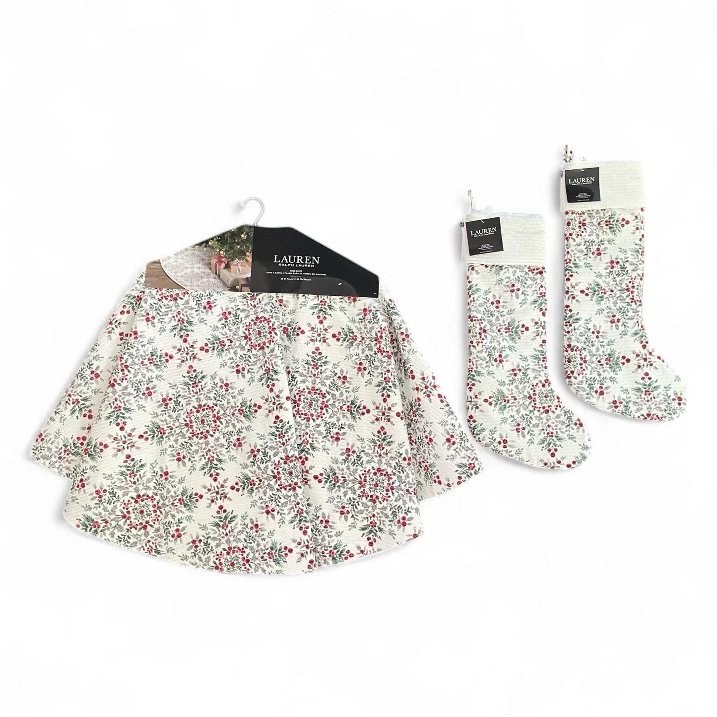 Ralph Lauren 60” Christmas Tree Skirt With 2 Stockings / Set of 3 /Holly Berries - Trendiez U ♥