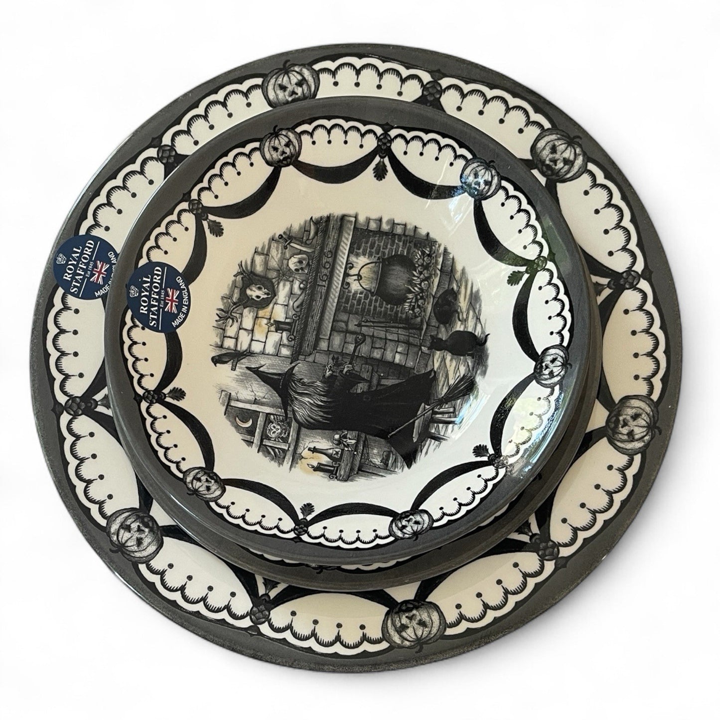 Royal Stafford Halloween 1666 Haunted House Porcelain FULL Dinner Set of 12 - Trendiez U ♥