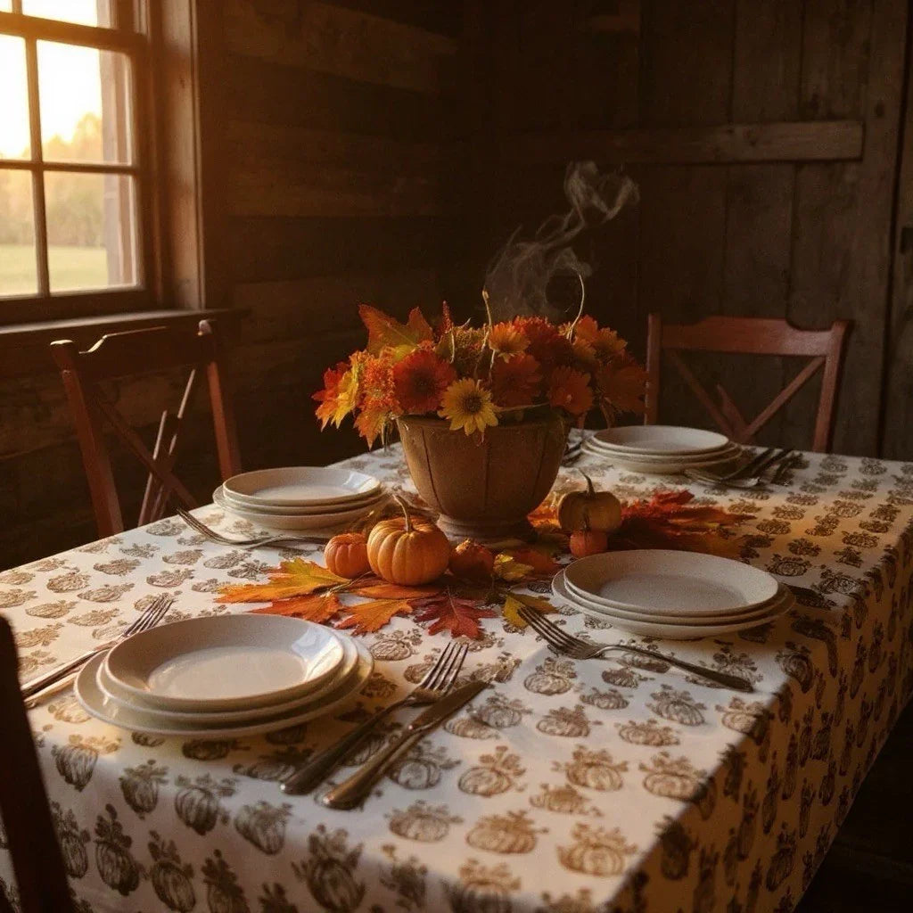 Shabby Chic Fall Harvest Tablecloth Oblong 60x84” Farmhouse Cottage Pumpkin - Trendiez U ♥