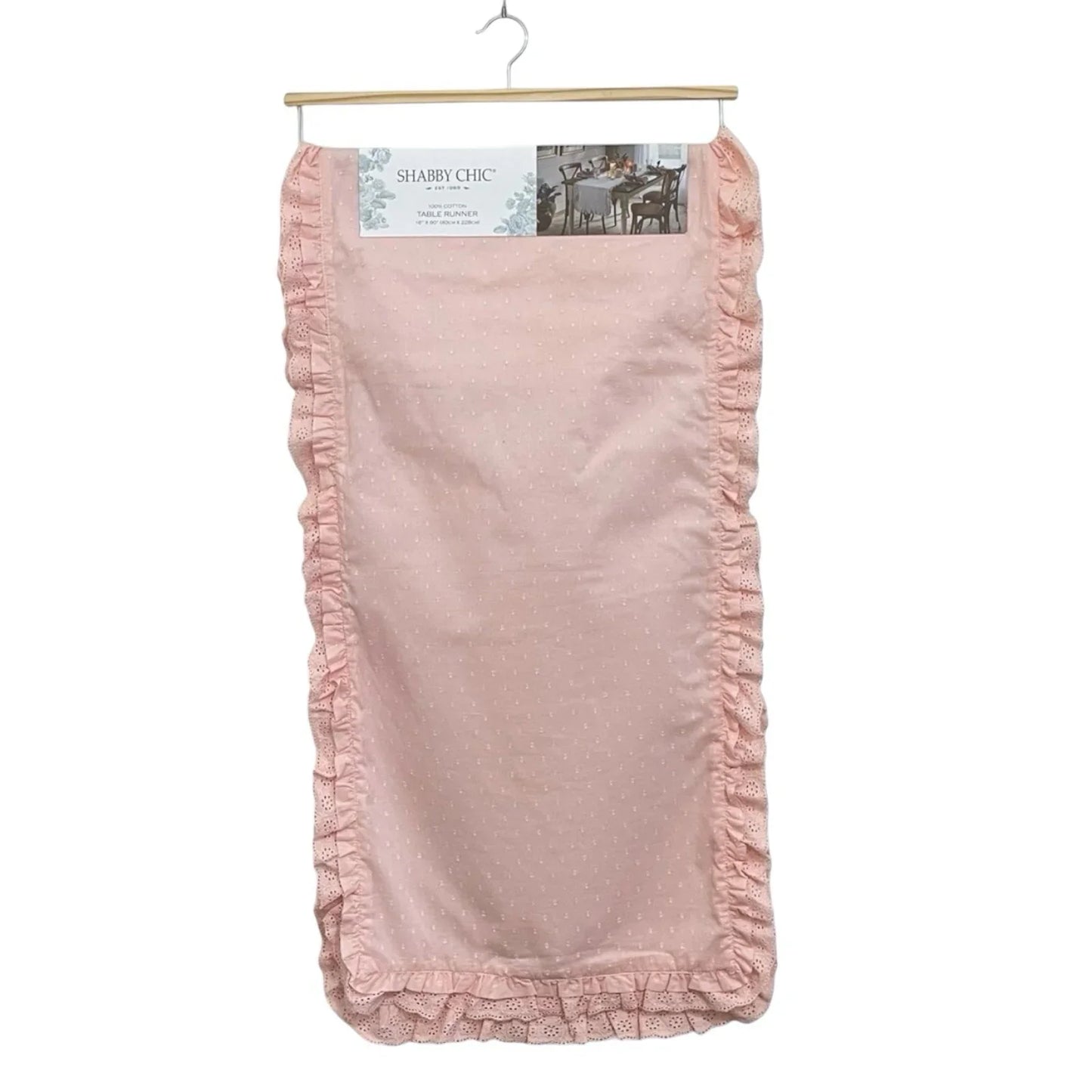 SHABBY CHIC Pink Table Runner Eyelet Lace Trim w Ruffles 16x90” Farmhouse - Trendiez U ♥