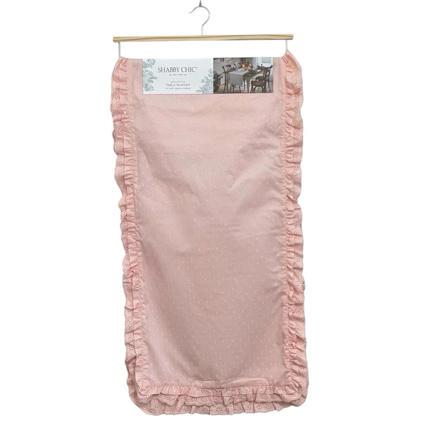 SHABBY CHIC Pink Table Runner Eyelet Lace Trim w Ruffles 16x90” Farmhouse - Trendiez U ♥