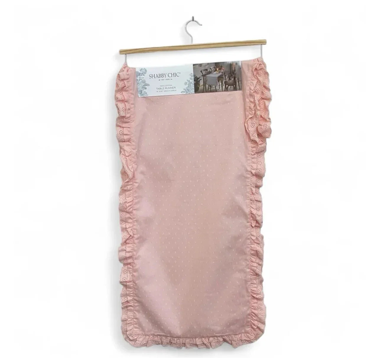 SHABBY CHIC Pink Table Runner Eyelet Lace Trim w Ruffles 16x90” Farmhouse - Trendiez U ♥