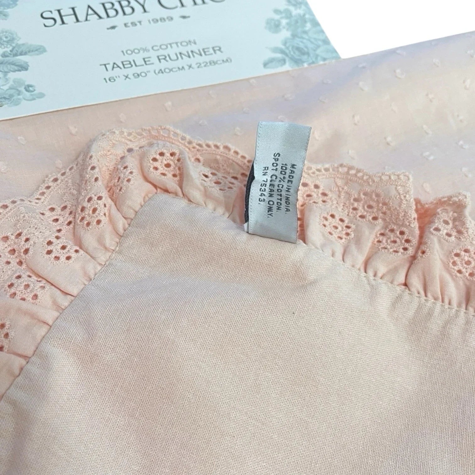 SHABBY CHIC Pink Table Runner Eyelet Lace Trim w Ruffles 16x90” Farmhouse - Trendiez U ♥