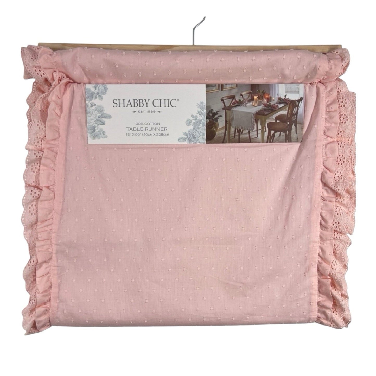 SHABBY CHIC Pink Table Runner Eyelet Lace Trim w Ruffles 16x90” Farmhouse - Trendiez U ♥