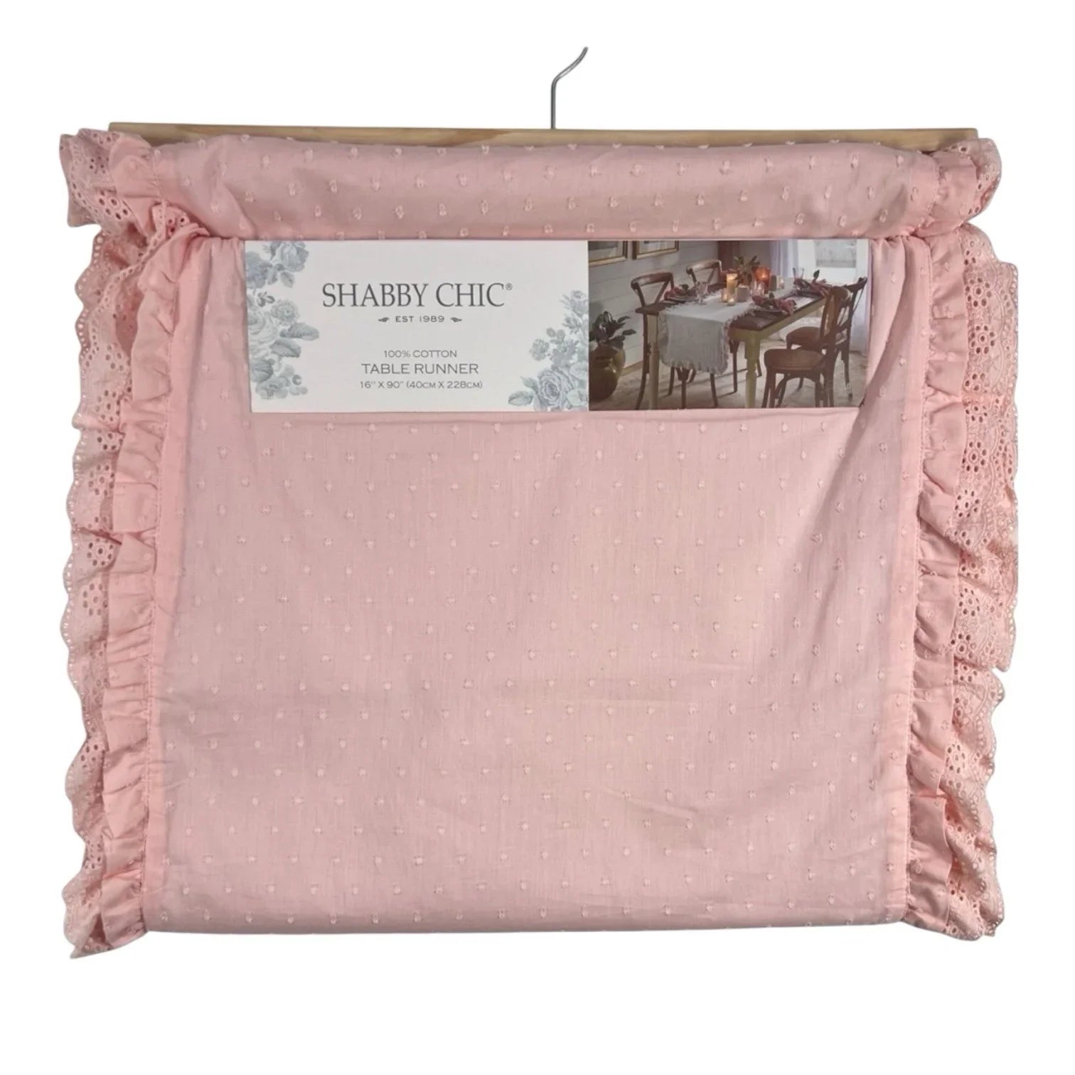 SHABBY CHIC Pink Table Runner Eyelet Lace Trim w Ruffles 16x90” Farmhouse - Trendiez U ♥