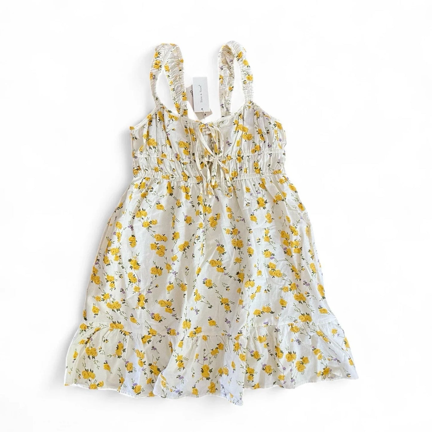 Sim & Sam Women’s Sundress – Yellow/White Floral, Size XL Linen with Ruffle Hem - Trendiez U ♥