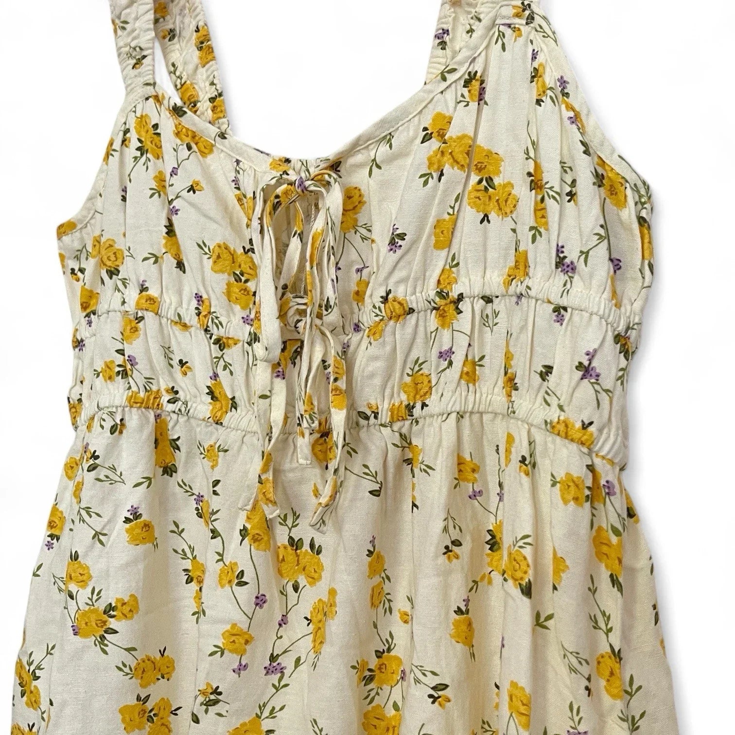 Sim & Sam Women’s Sundress – Yellow/White Floral, Size XL Linen with Ruffle Hem - Trendiez U ♥