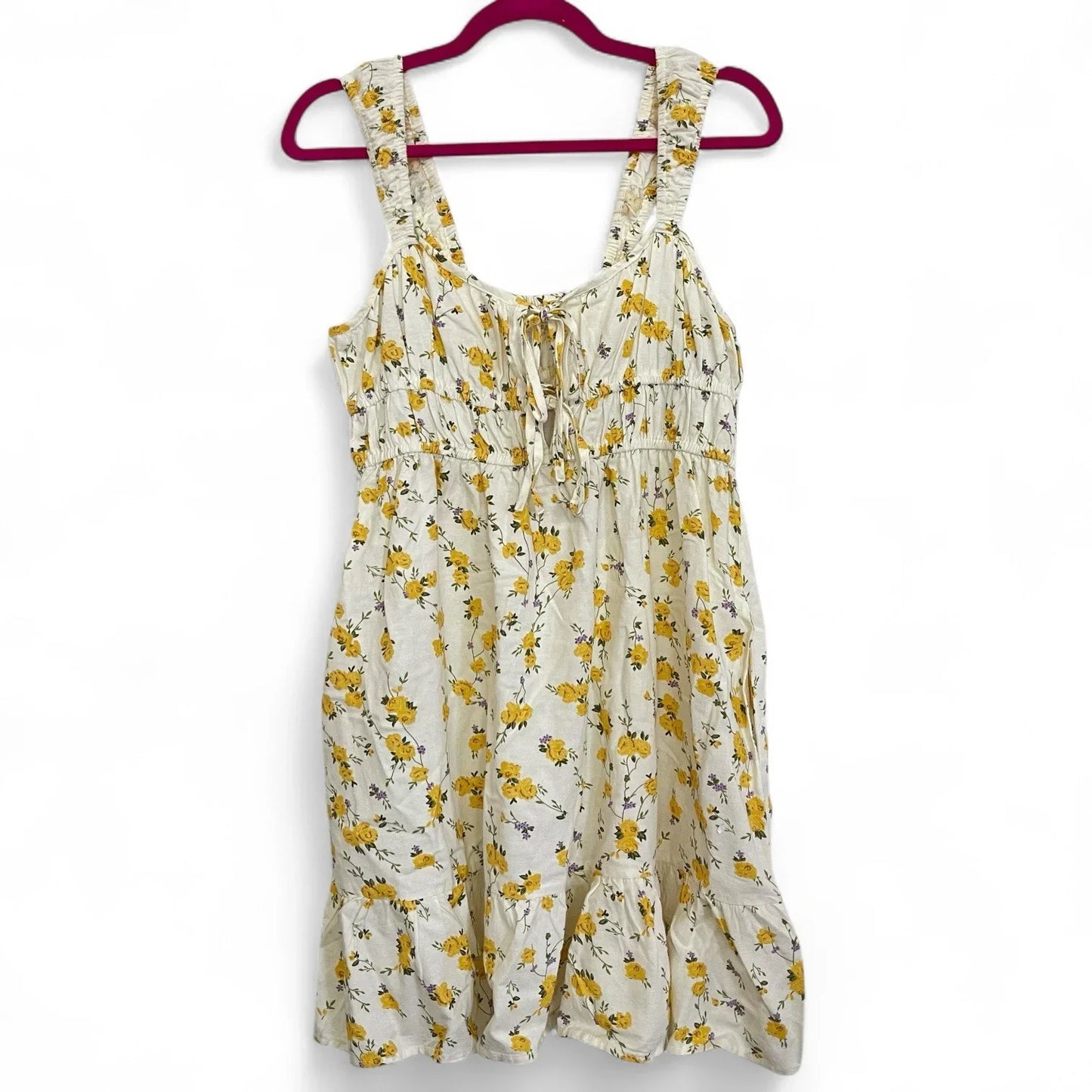 Sim & Sam Women’s Sundress – Yellow/White Floral, Size XL Linen with Ruffle Hem - Trendiez U ♥